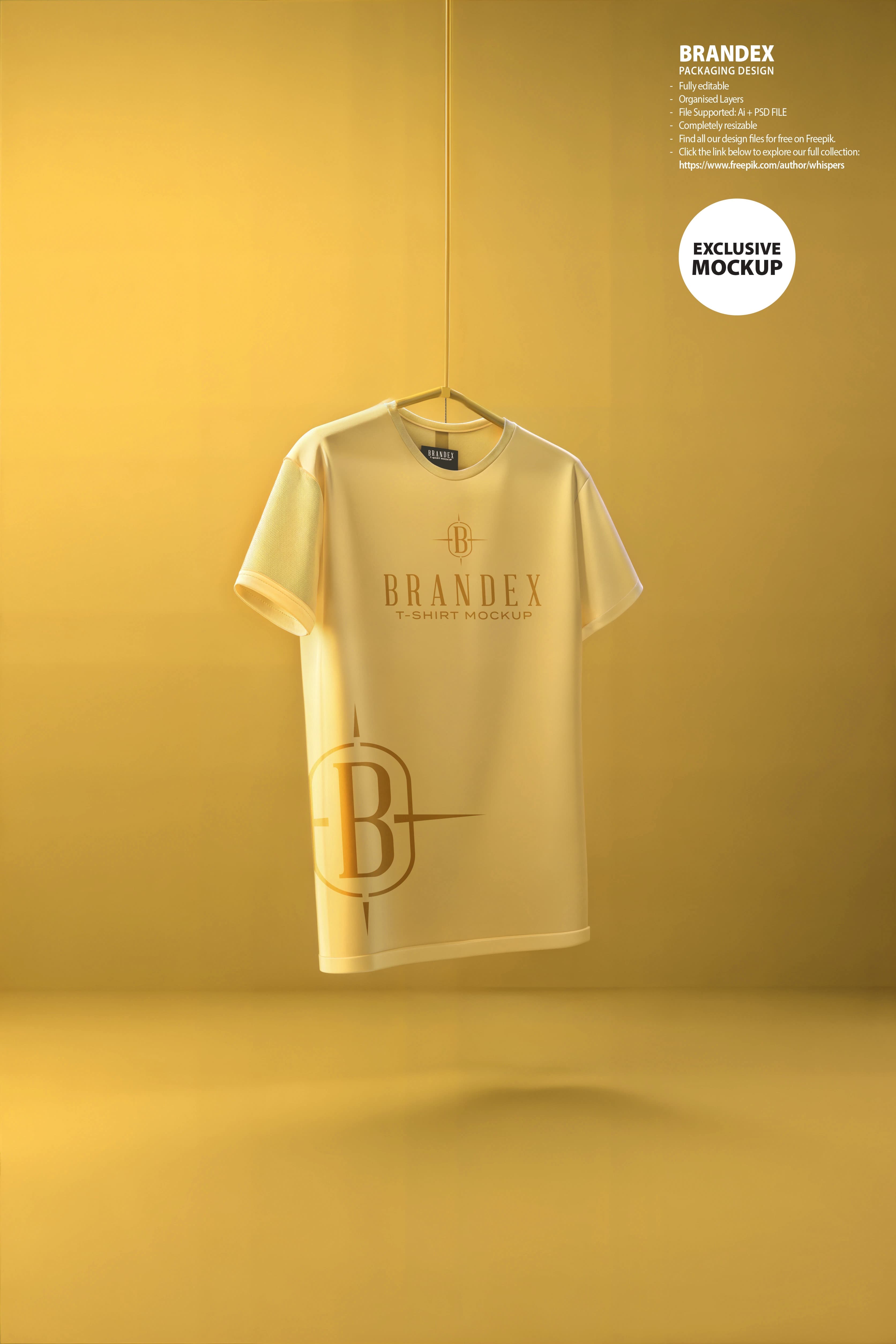 Golden t-shirt hanging mockup