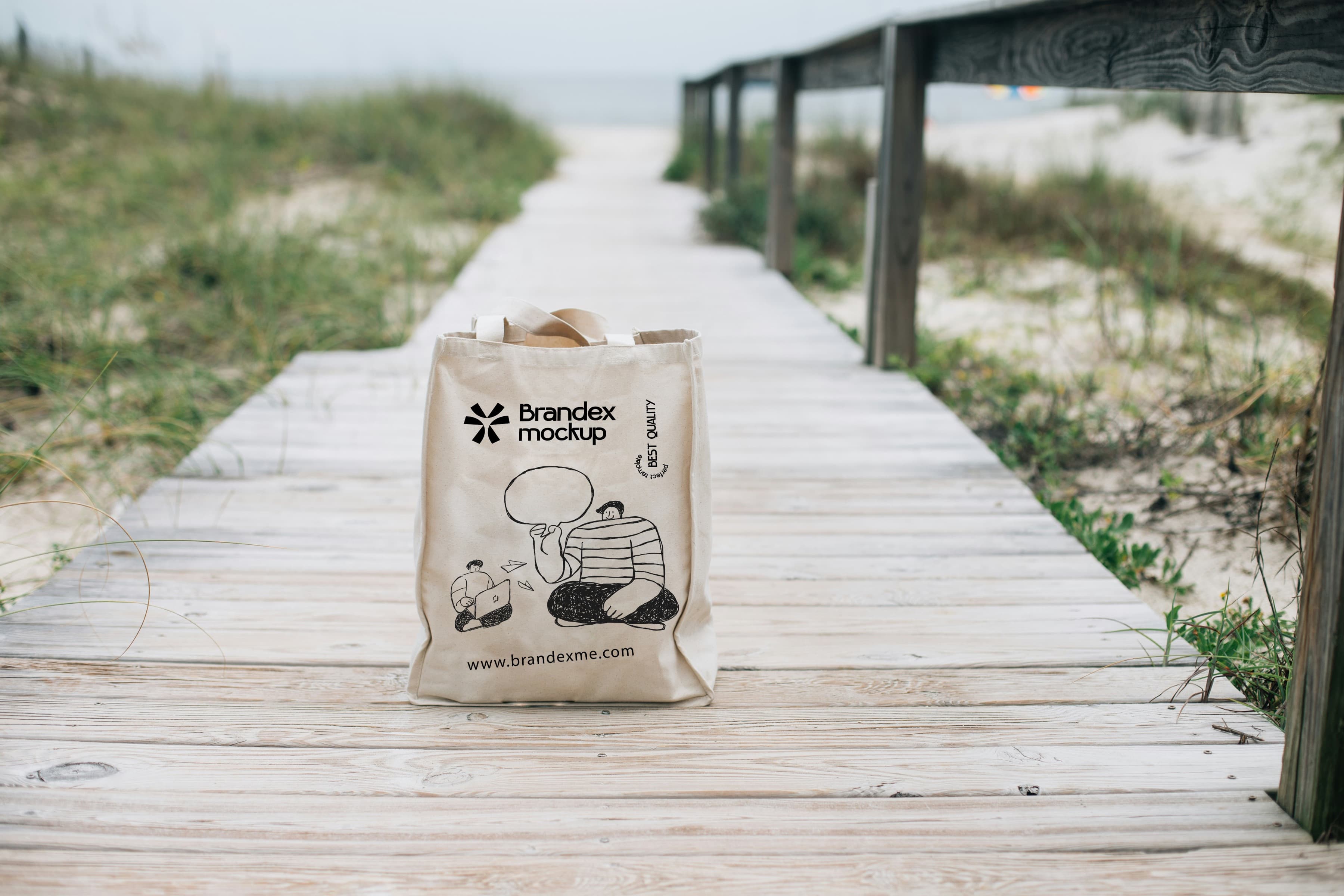 Canvas tote bag on boardwalk mockup