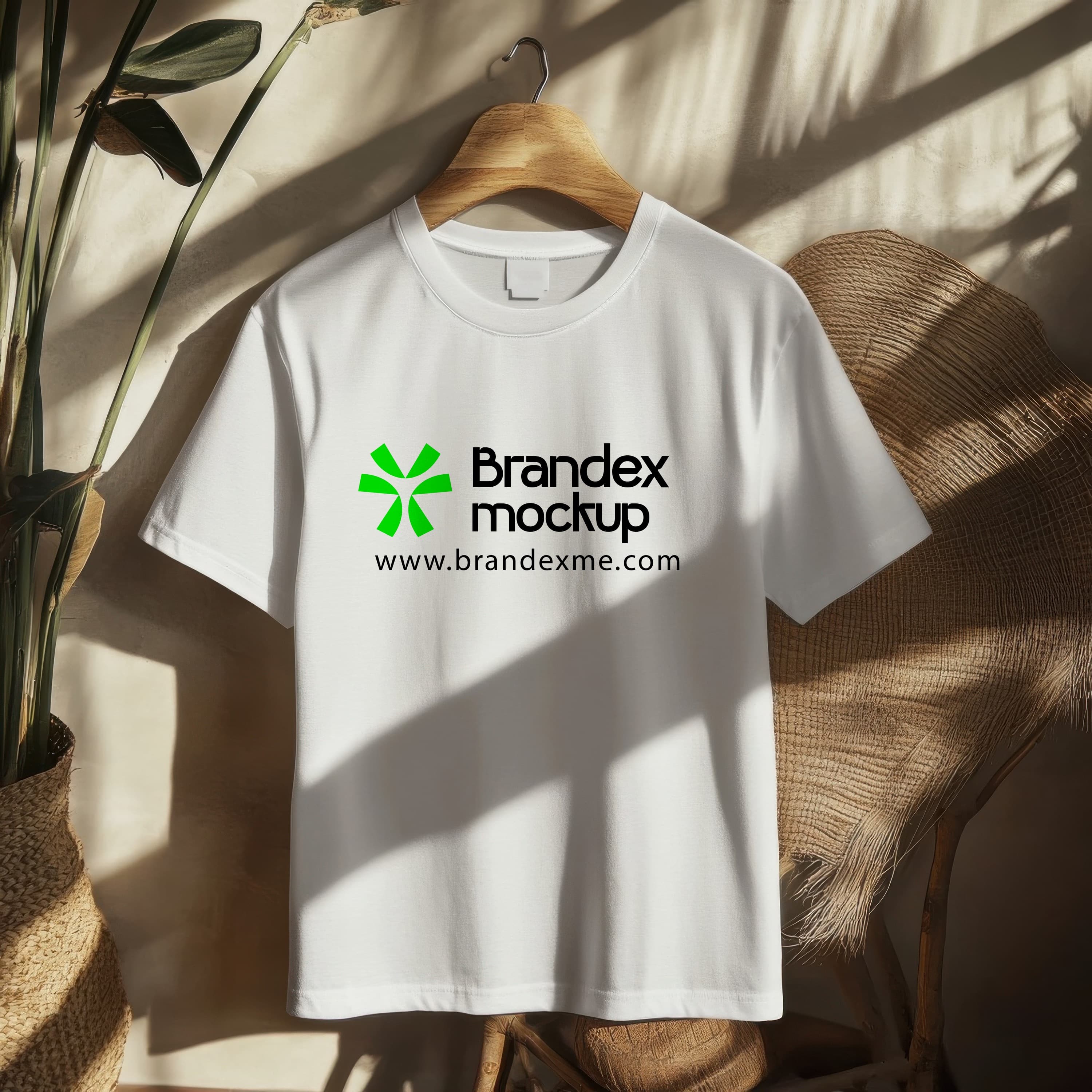 White T-Shirt Mockup Hanging on Wooden Hanger with Sunlight Shadows