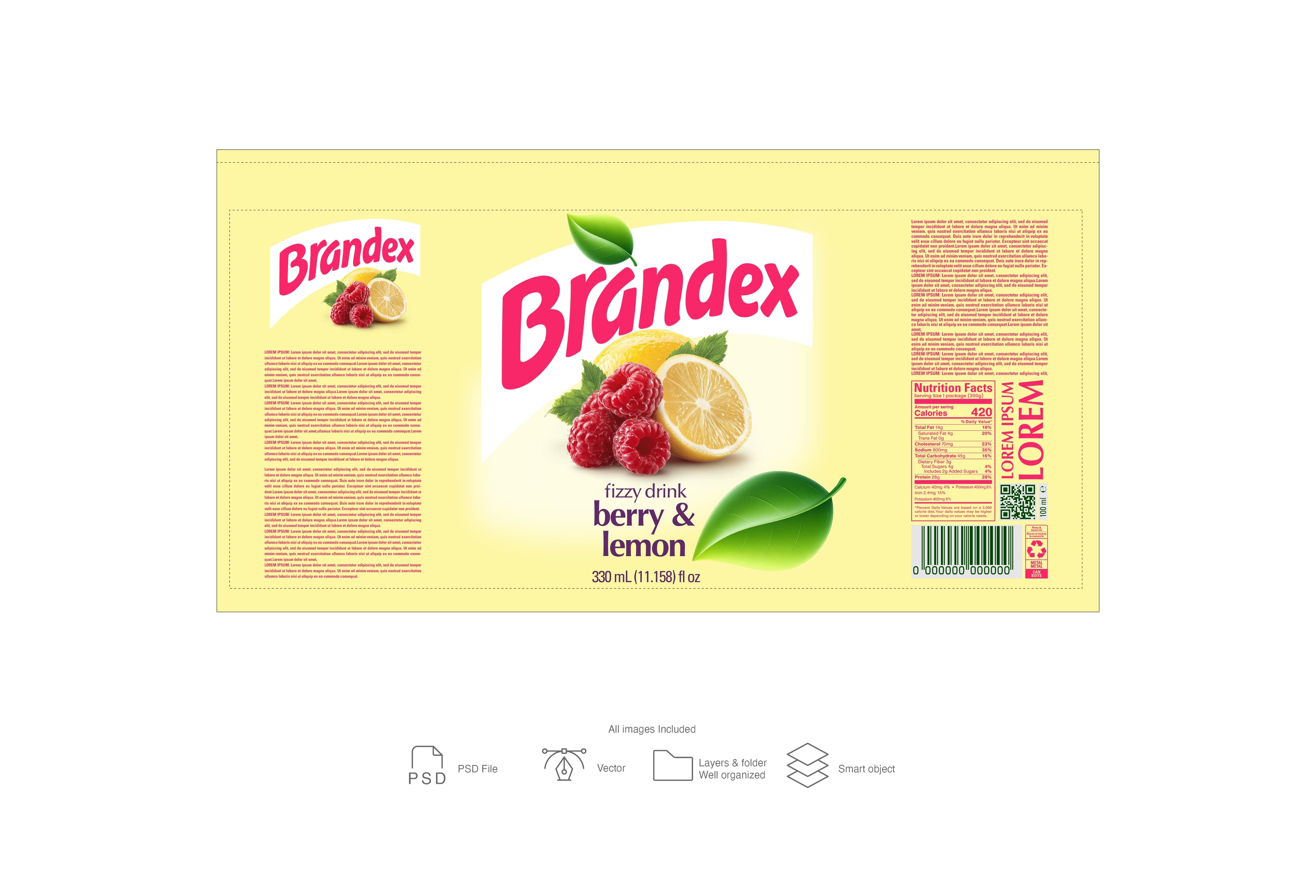 Brandex Fizzy Drink Can Packaging Design Template — Yellow Berry & Lemon Soft Drink Label PSD