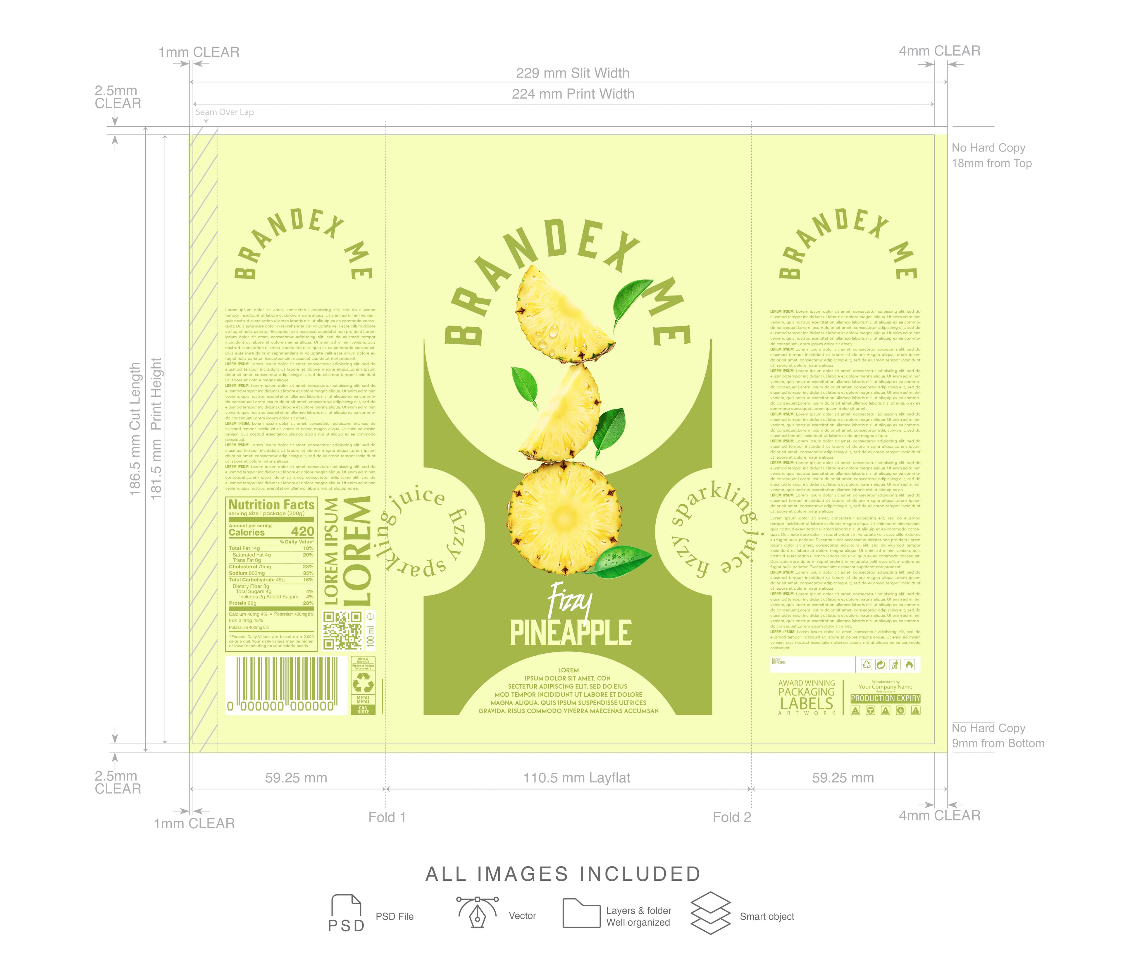 izzy Pineapple Beverage Label Template – Editable Can Wrap PSD