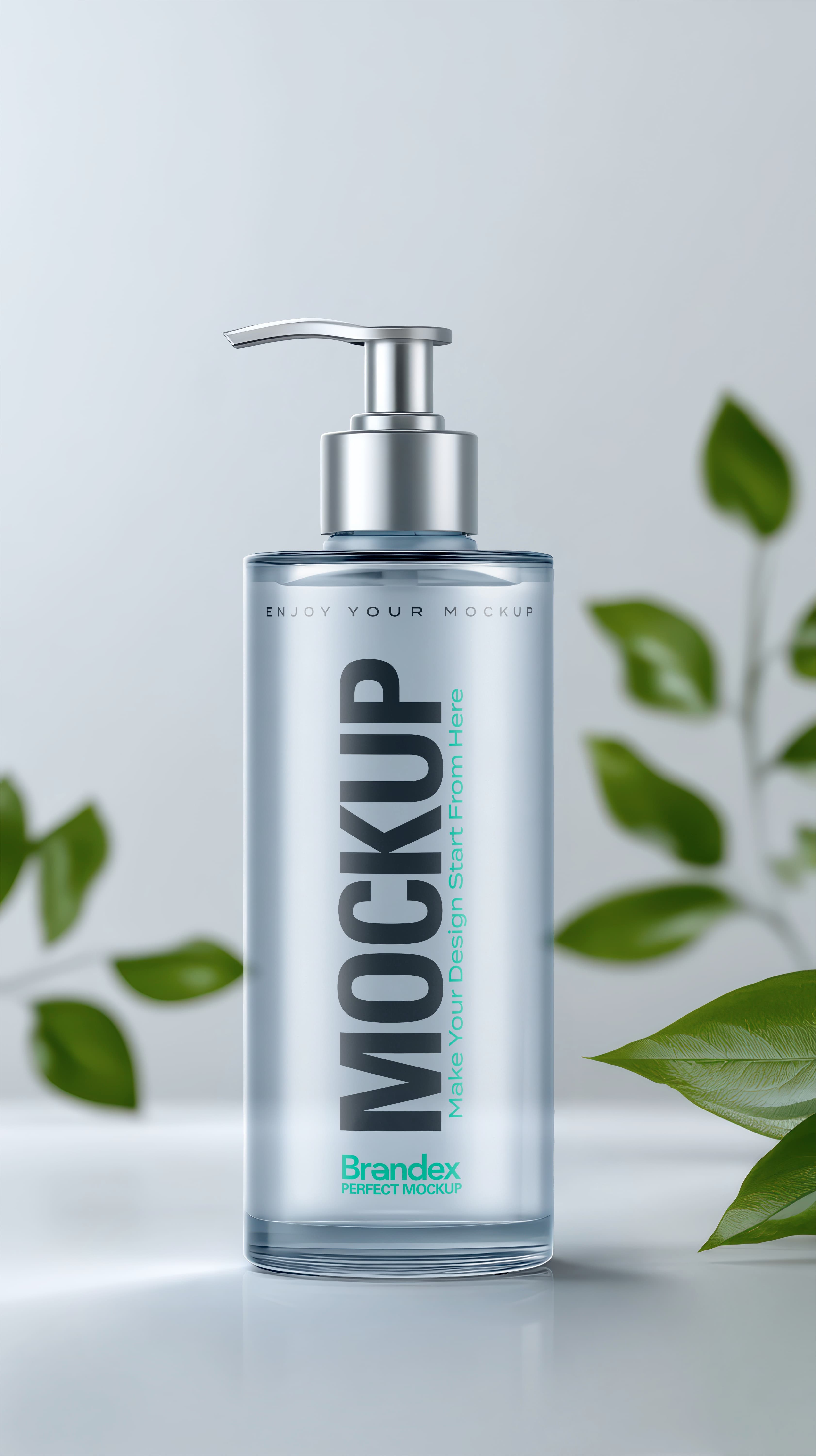Clear Glass Cosmetic Pump Bottle Mockup with Green Leaves