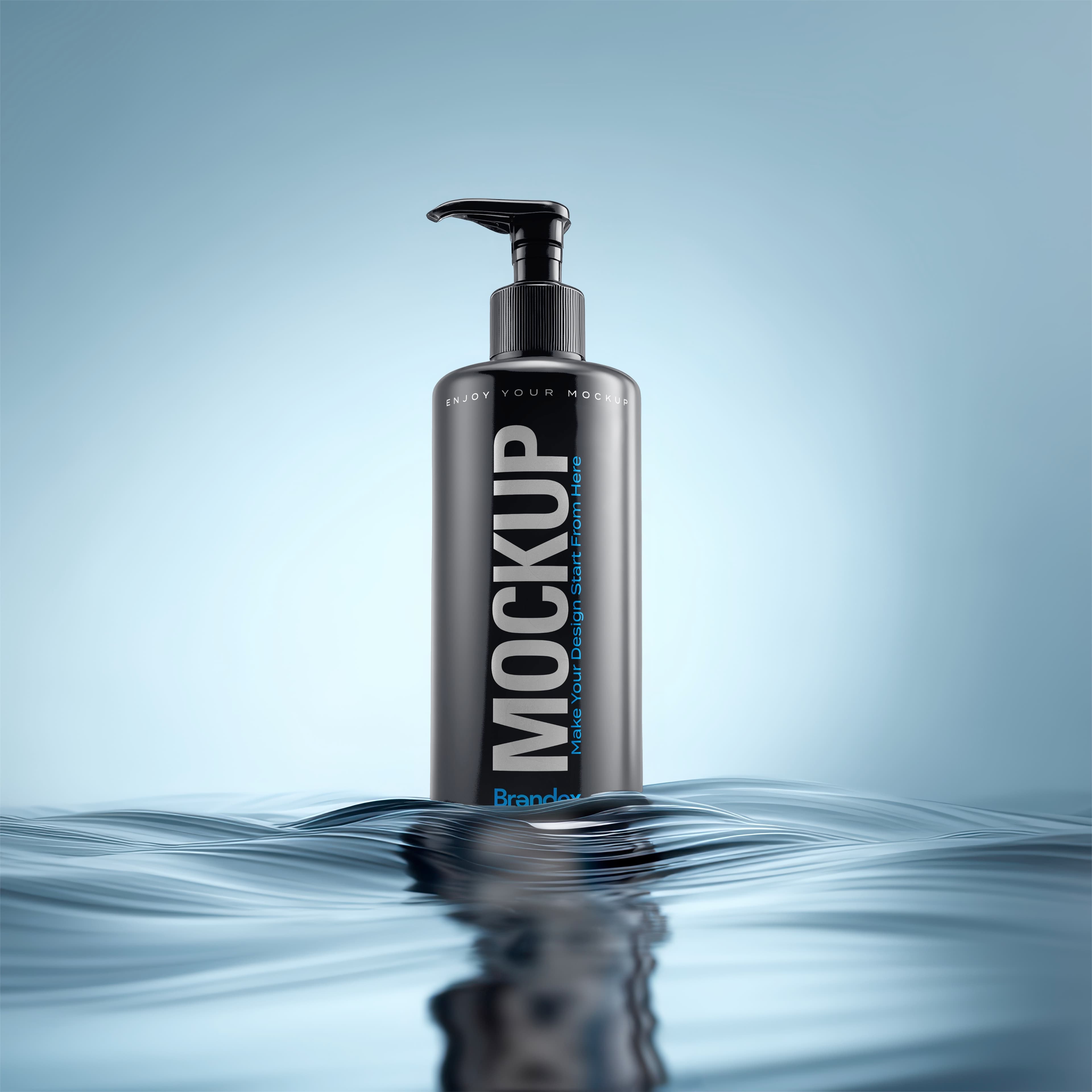 Dark Cosmetic Pump Bottle Mockup Floating on Water Rips