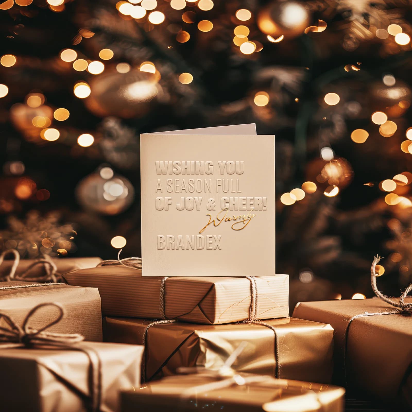 Christmas Greeting Card Mockup on Gift Boxes – Warm Bokeh Lights & Gold Foil