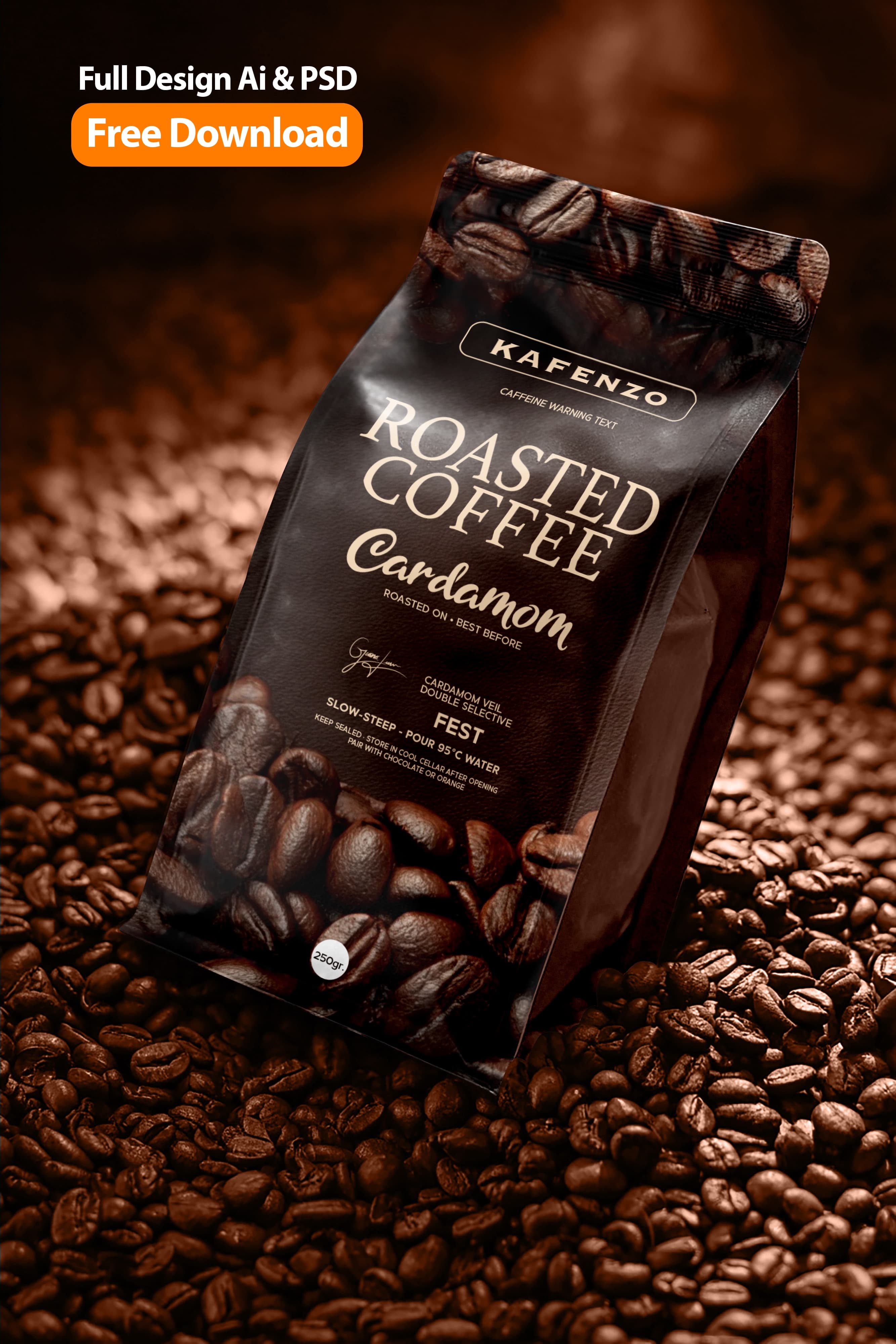 Kafenzo Cardamom Roasted Coffee Packaging Design with Full Bean Texture Visual | Brandex