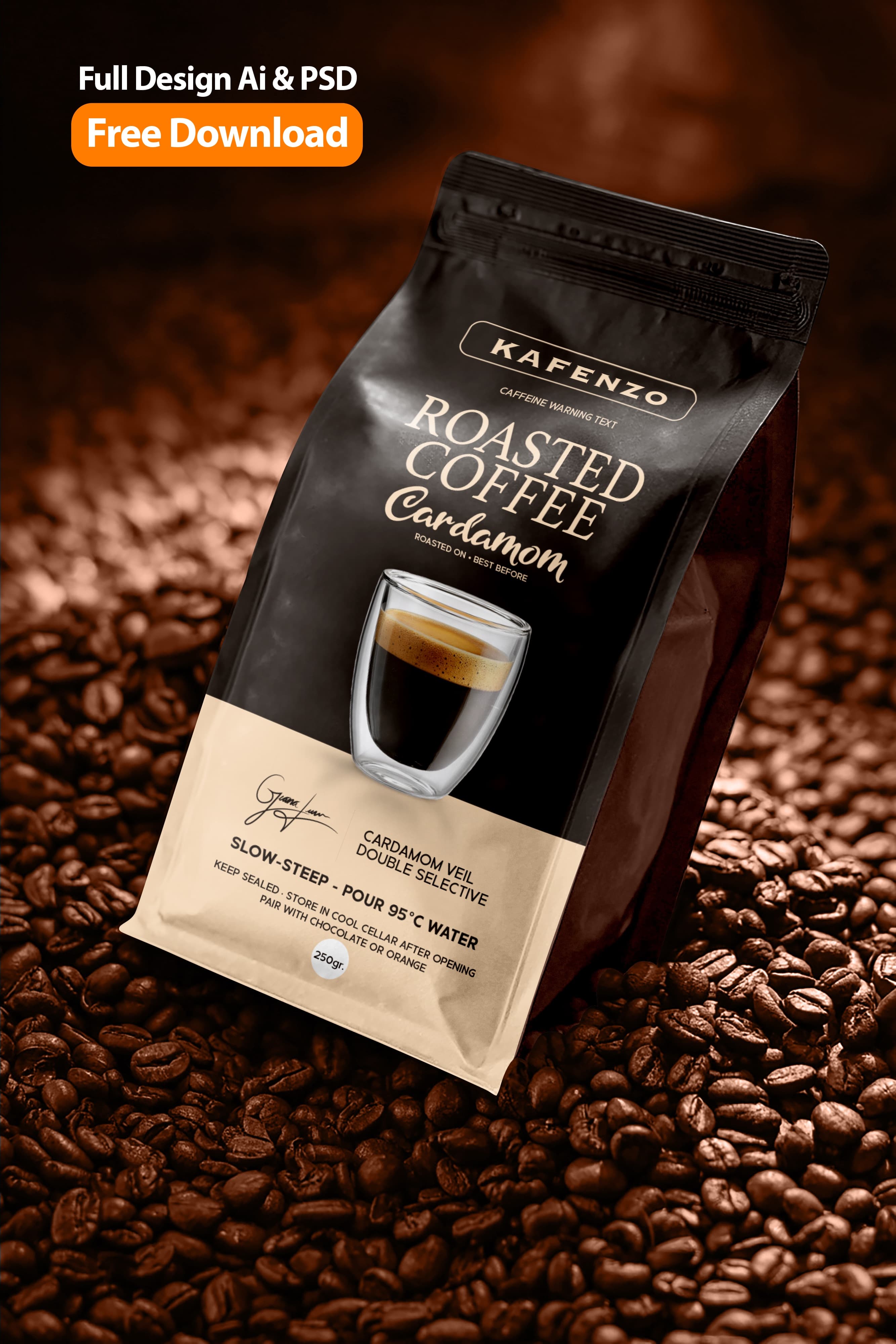 Kafenzo Cardamom Roasted Coffee Packaging Design with Espresso Cup Visual | Brandex