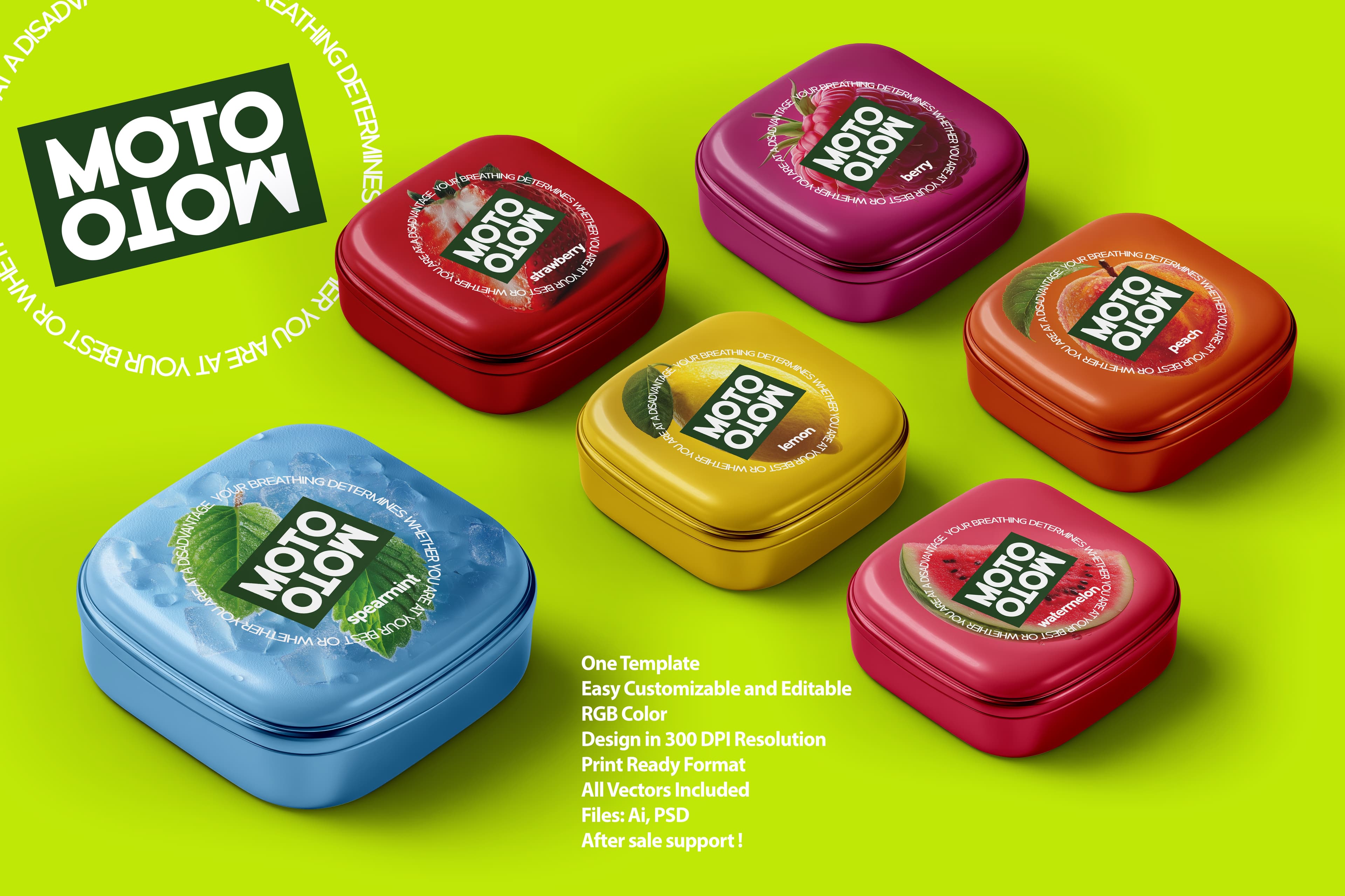 MOTO Chewing Gum Tin Box Mockup | Free Vector Packaging