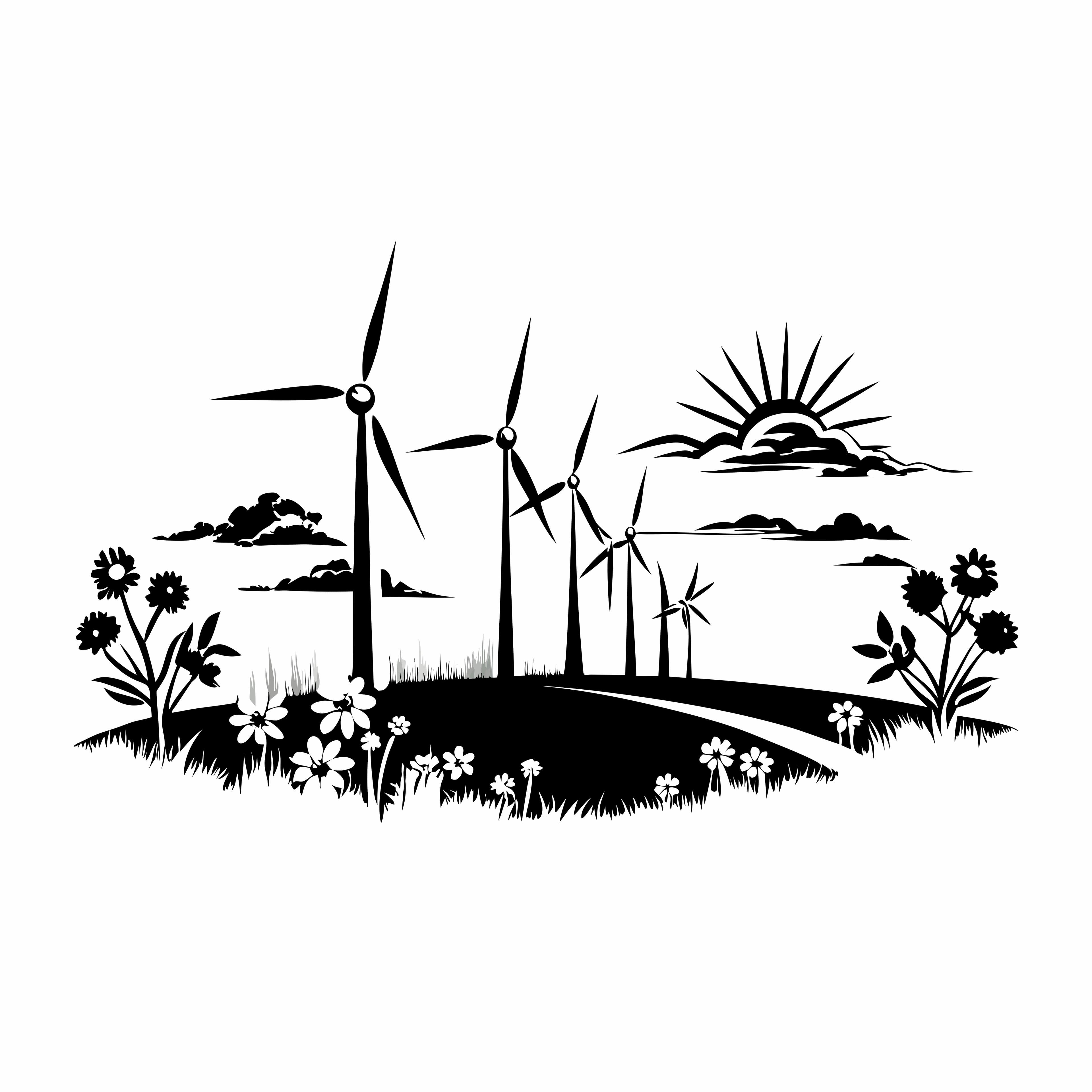 Vibrant Wind Farm Sunset Illustration