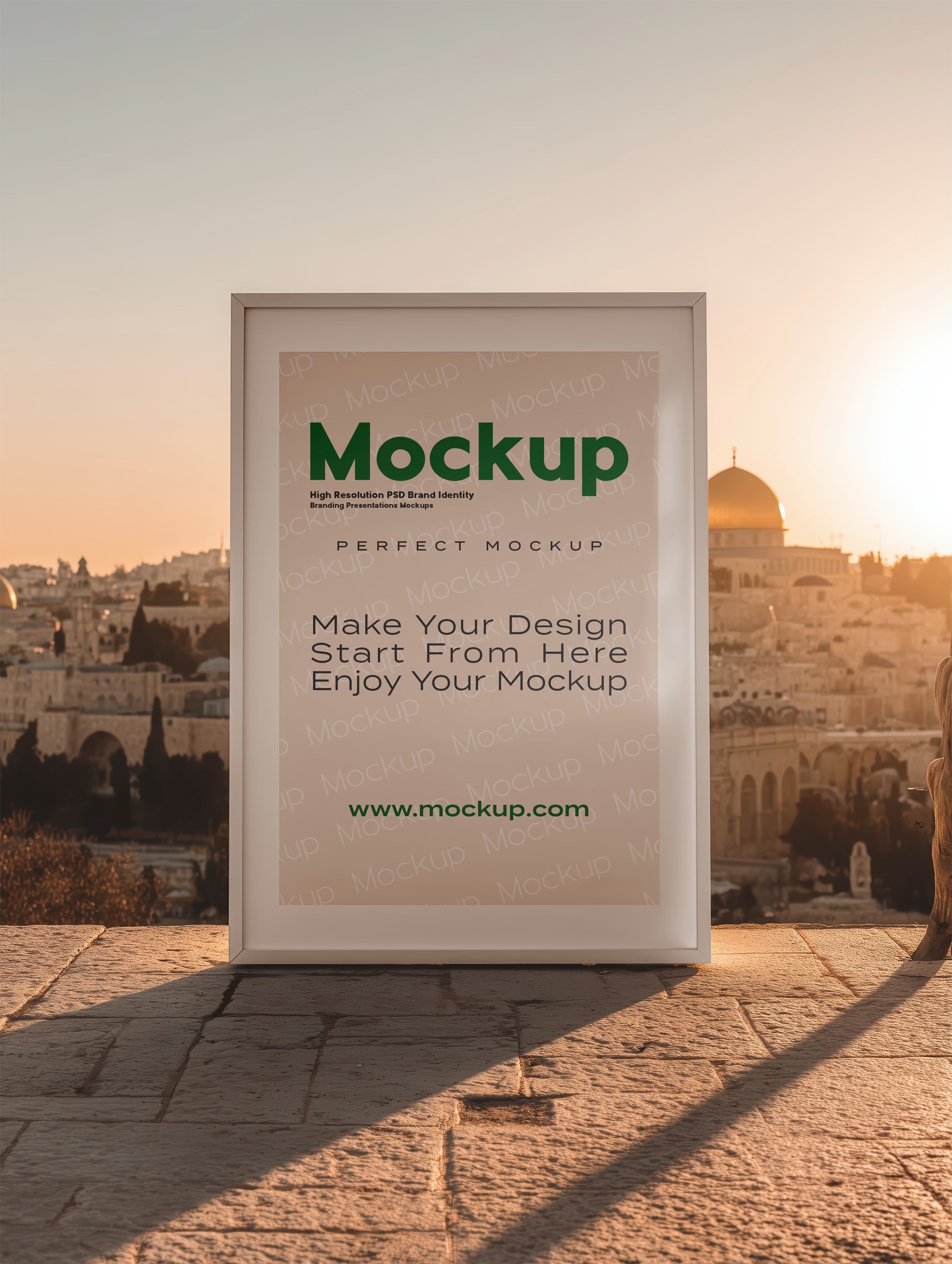 Vertical Framed Poster Mockup Outdoors at Golden Hour Sunset