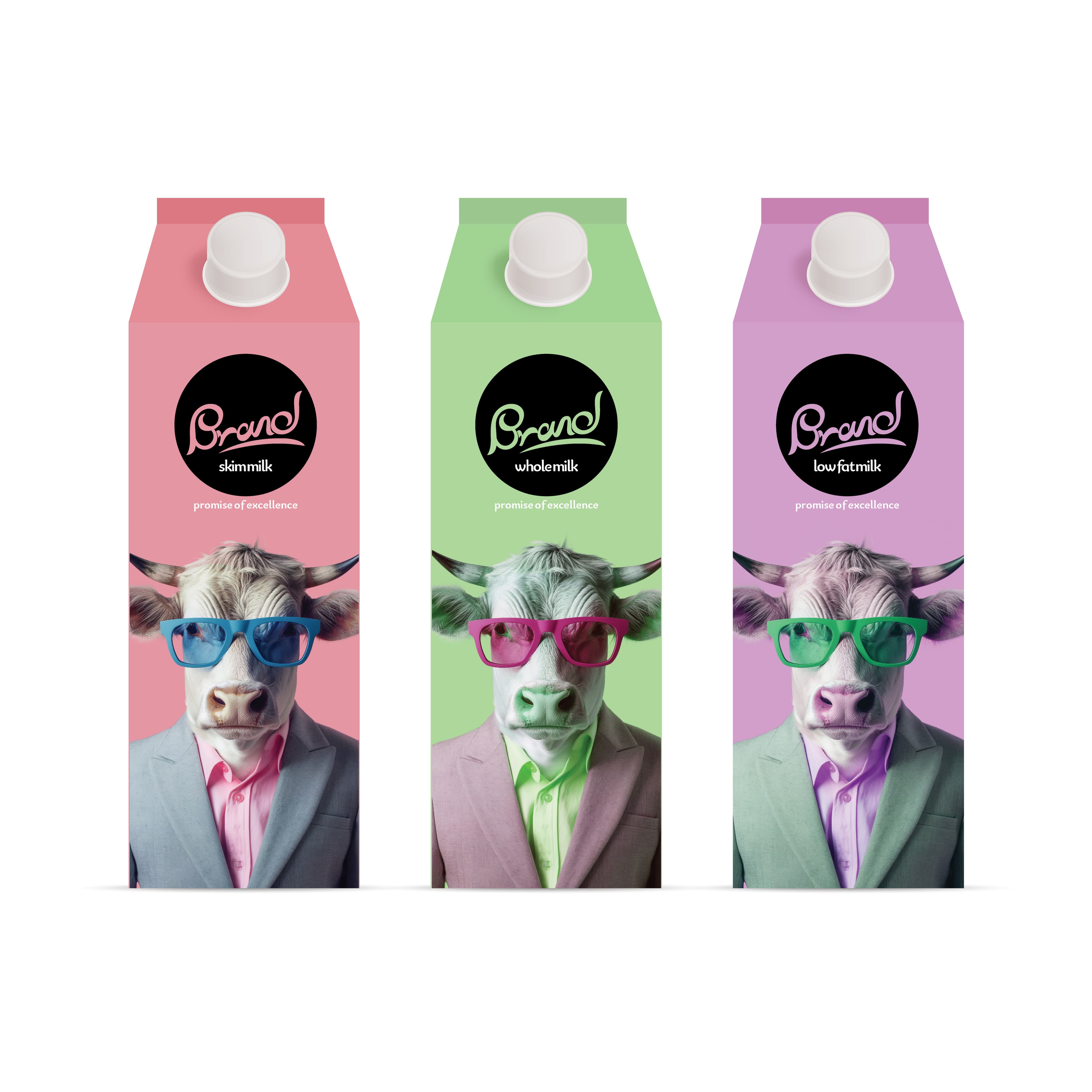 Whimsical cow-themed milk carton packaging design