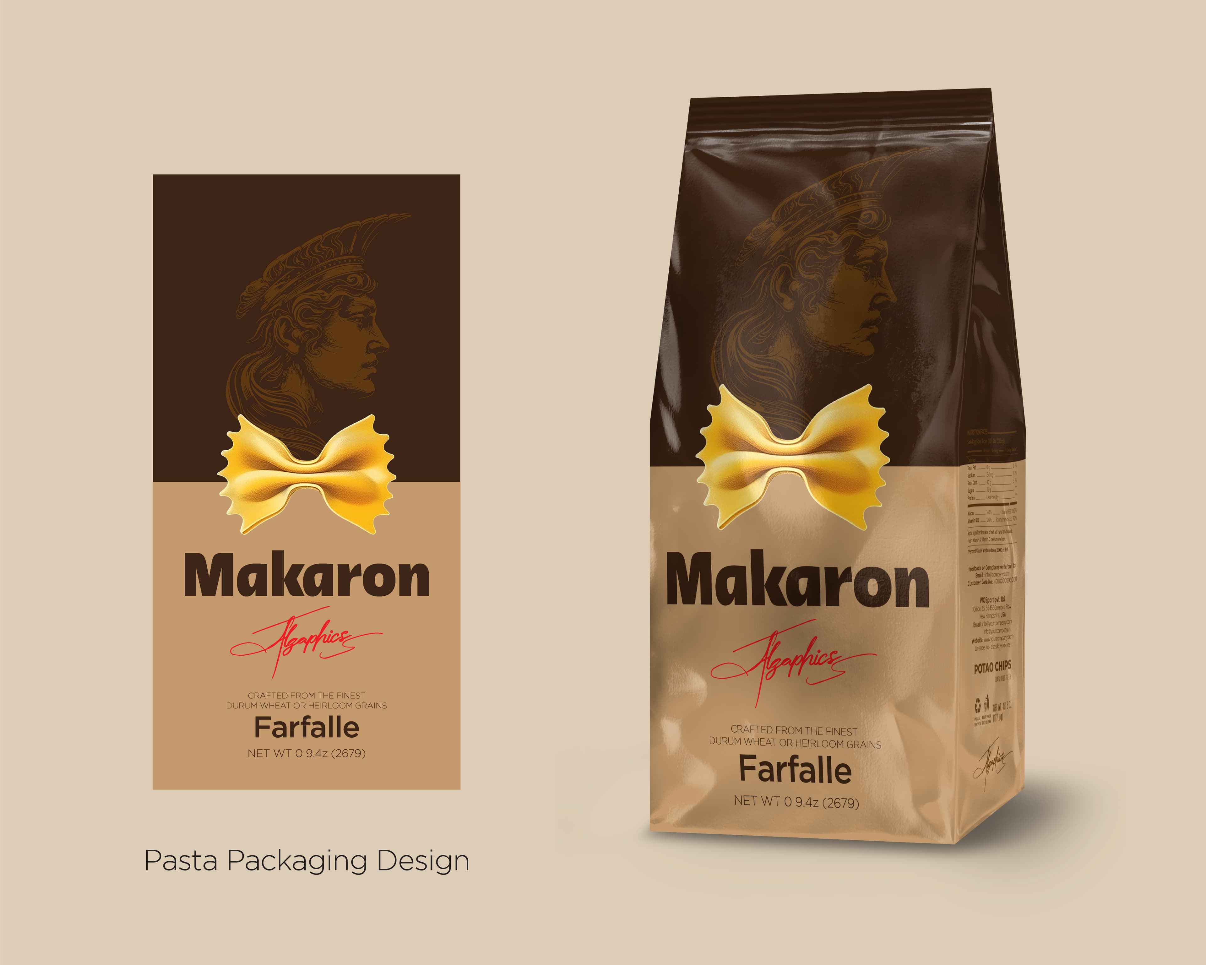 Classical brown farfalle pasta packaging design