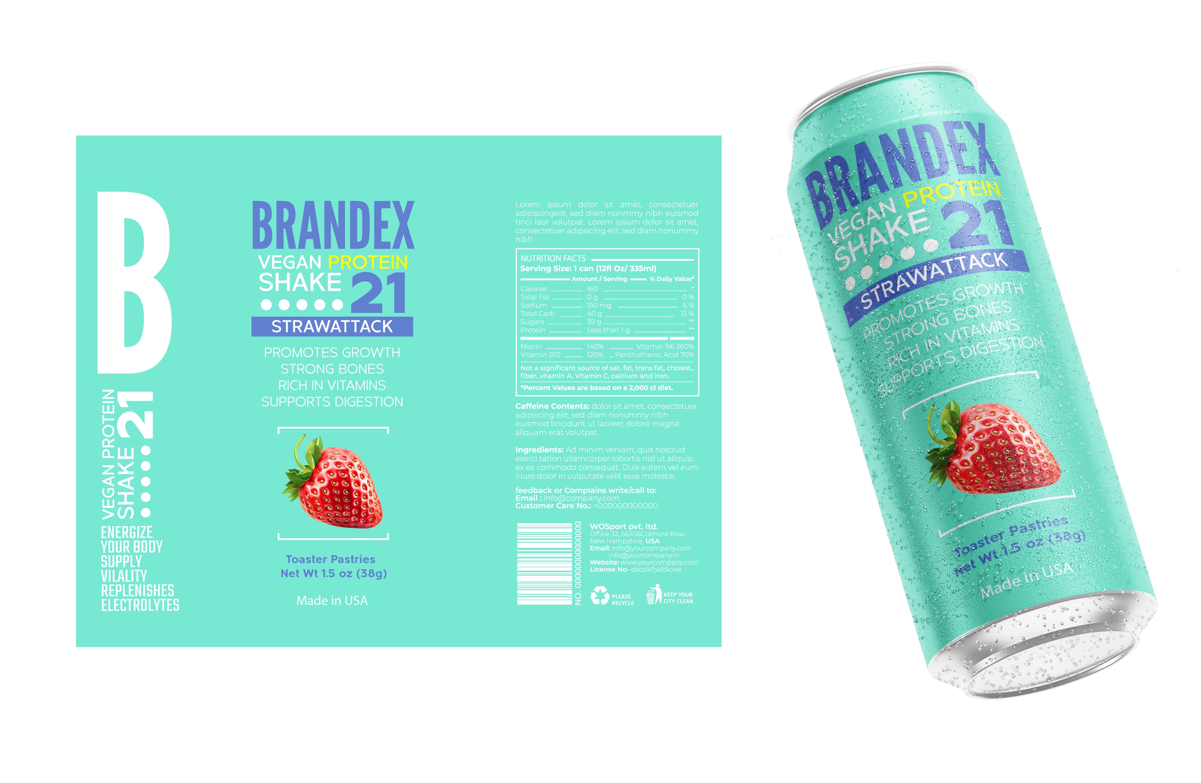 Strawberry vegan protein shake can packaging design