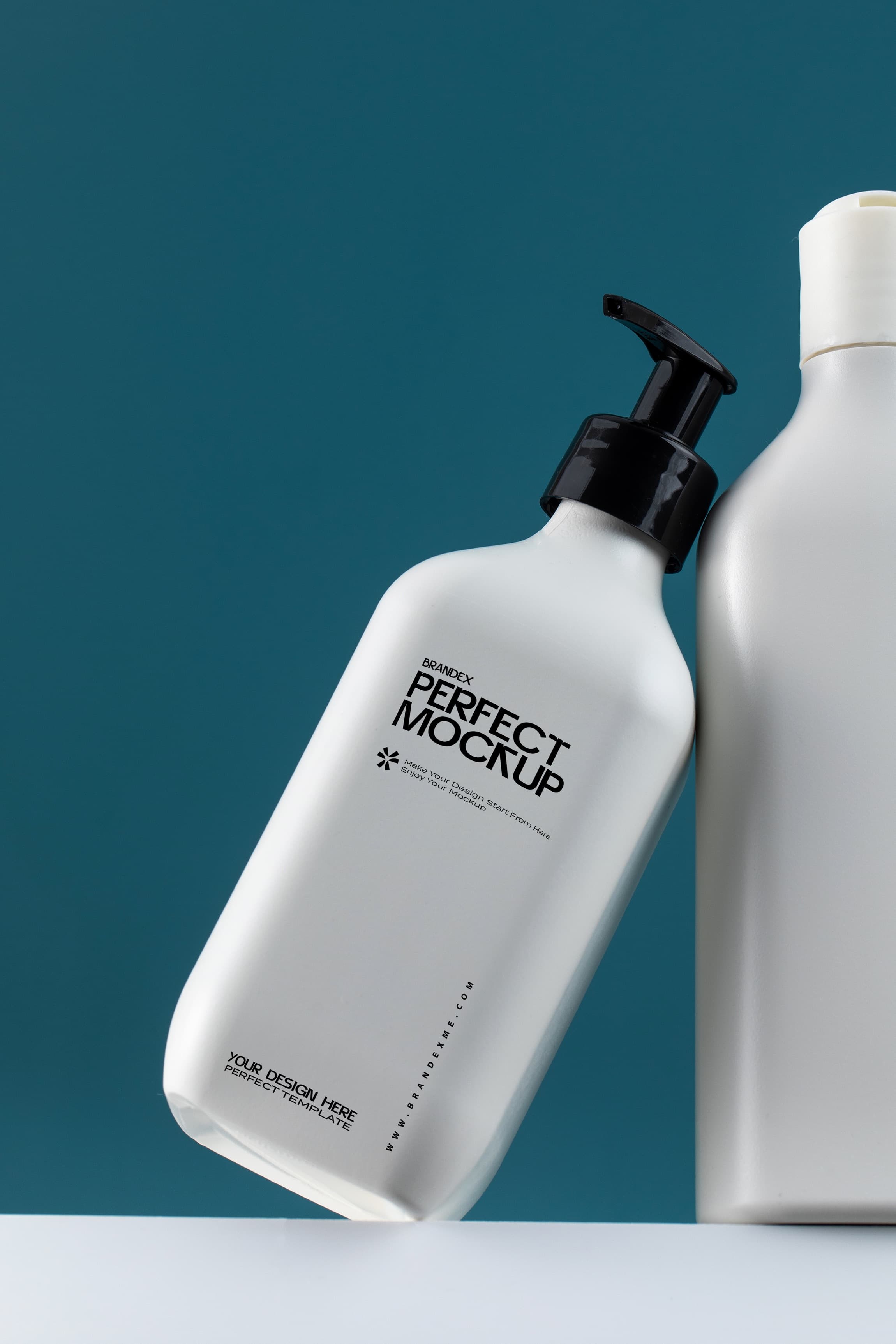 Cosmetic Pump Bottle Packaging Mockup White Teal Background