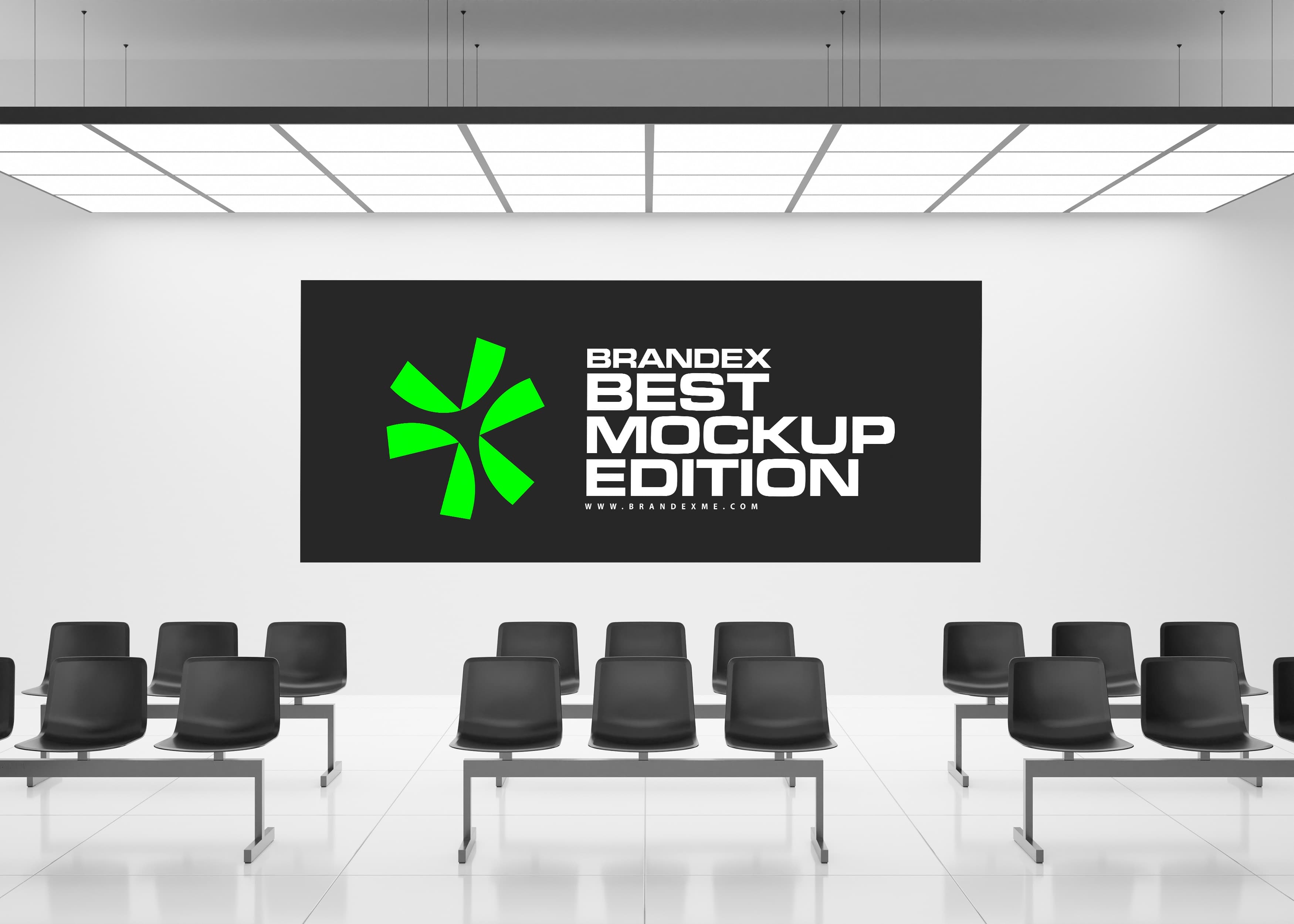 Professional Waiting Room Poster Mockup White Interior Black Seating