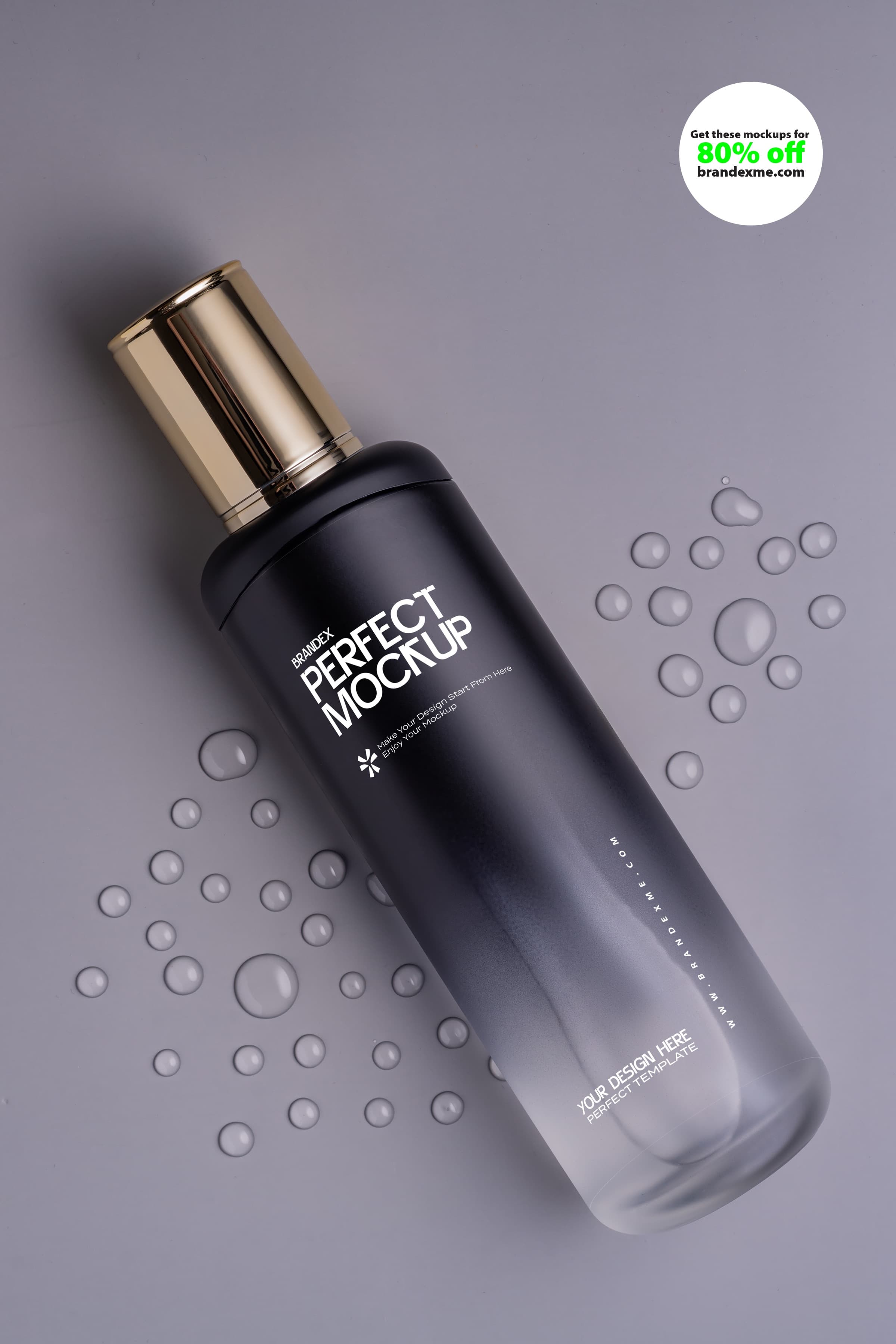 Black Cosmetic Bottle Gold Cap Mockup Gray Background