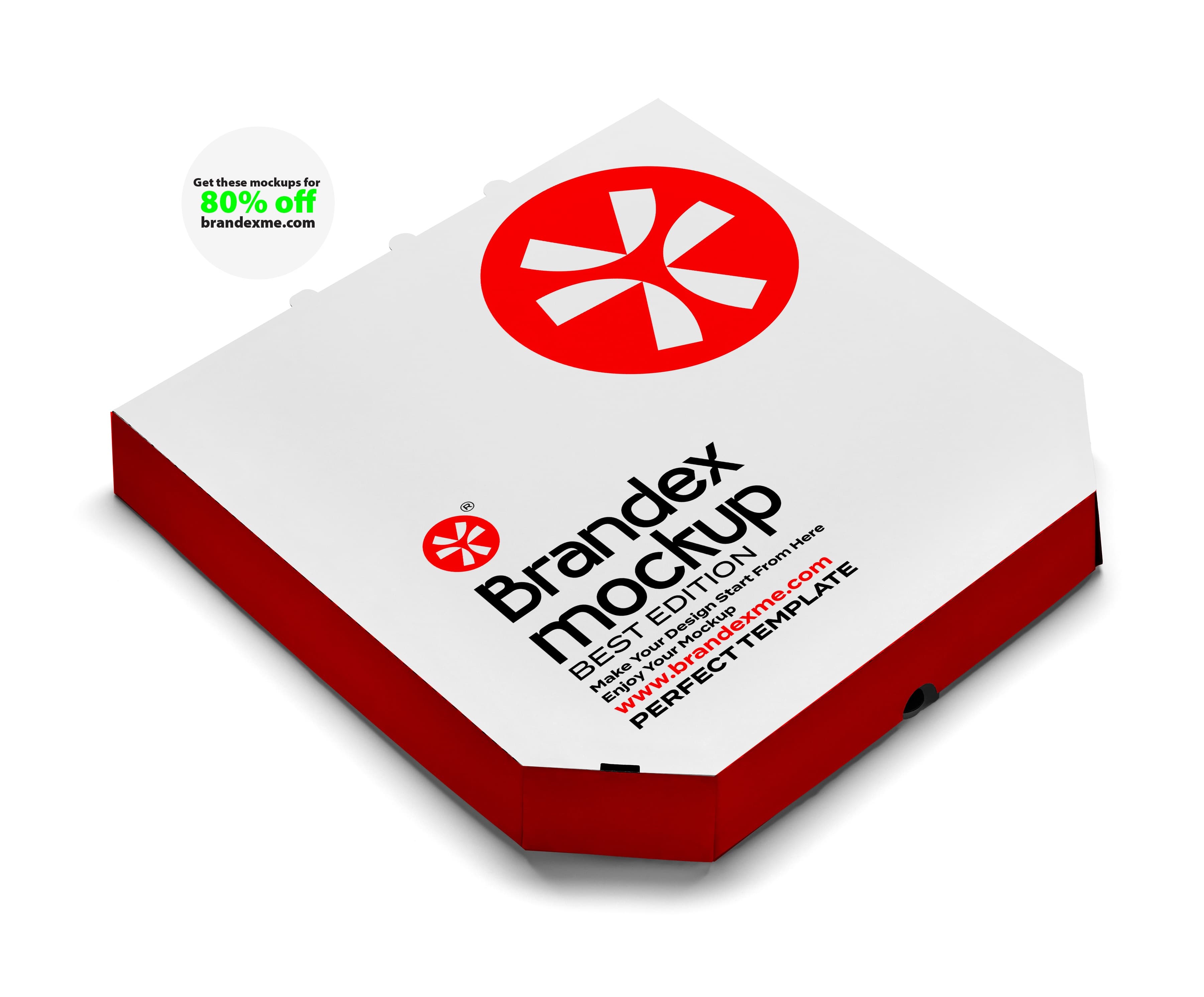 White Pizza Box Packaging Mockup with Red Side Accents – Perspective View