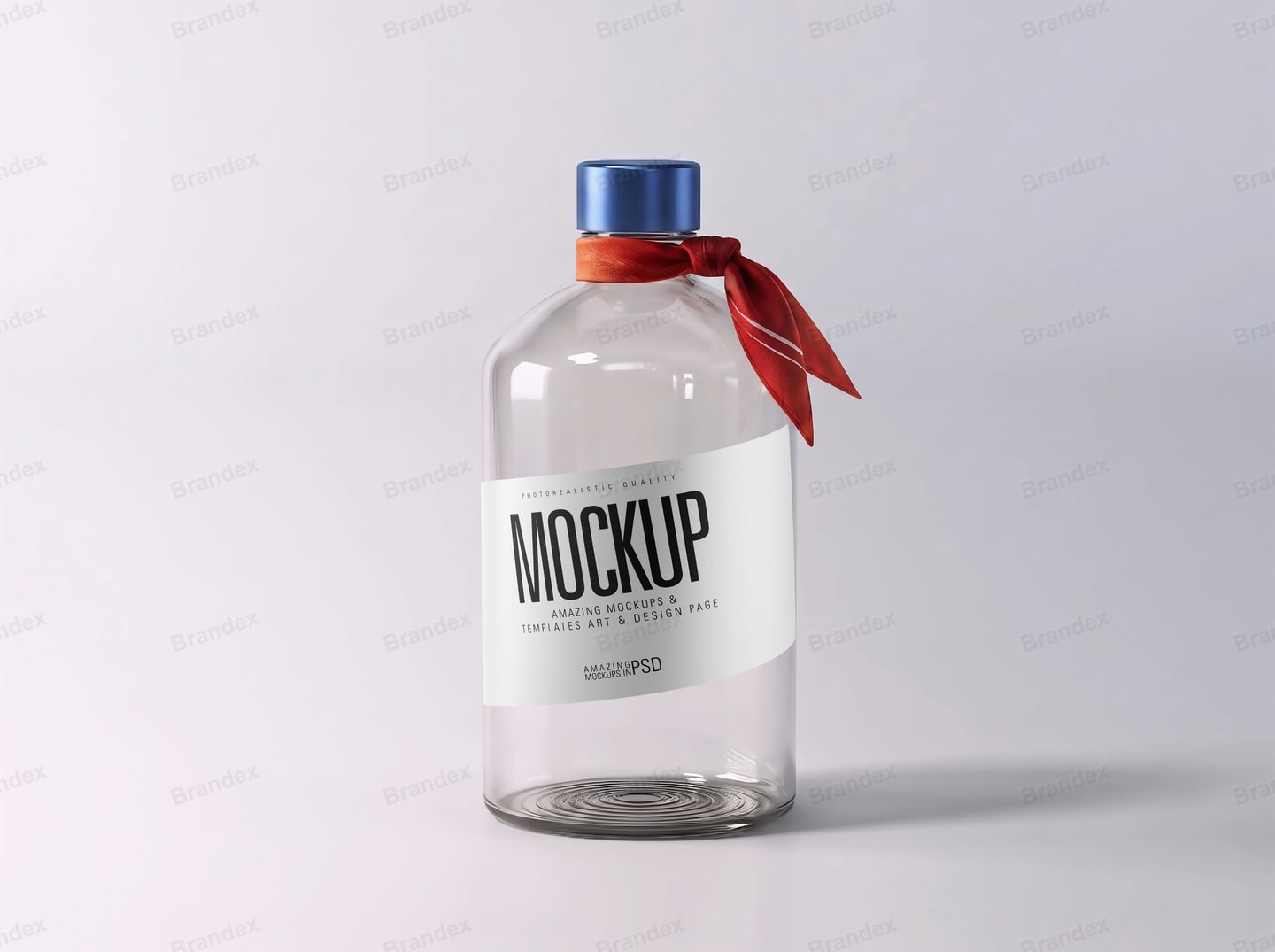 Clear Gin Bottle Mockup — Blue Cap & Red Ribbon