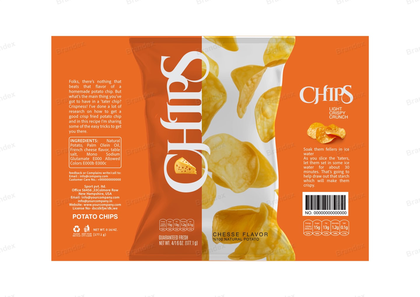 Brandex Cheese Flavored Wavy Potato Chips Packaging Mockup — Chips Photo Wave Split
