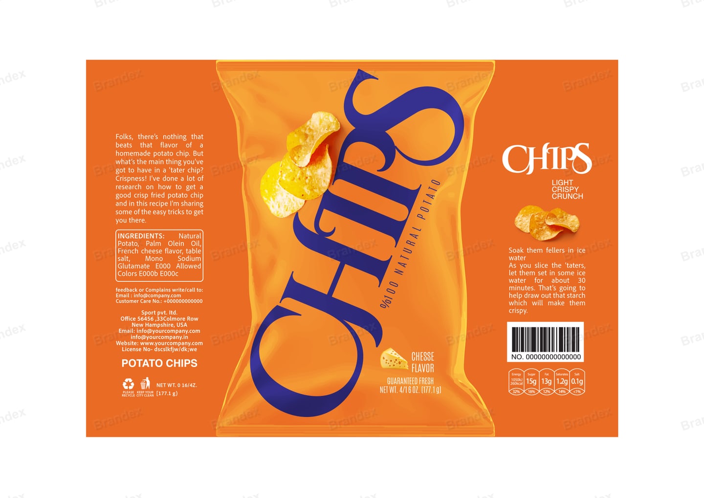 Brandex Cheese Flavored Wavy Potato Chips Packaging Mockup — Slanted Script Logo
