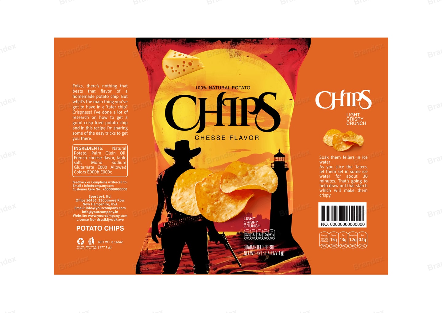 Brandex Cheese Flavored Wavy Potato Chips Packaging Mockup — Vintage Silhouette Figure
