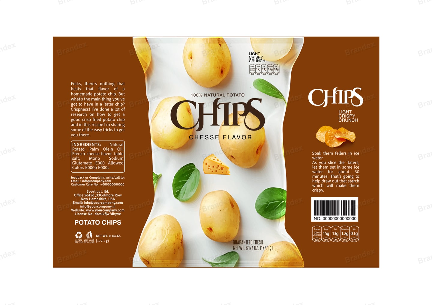Brandex Cheese Flavored Wavy Potato Chips Packaging Mockup — Fresh Potatoes & Basil