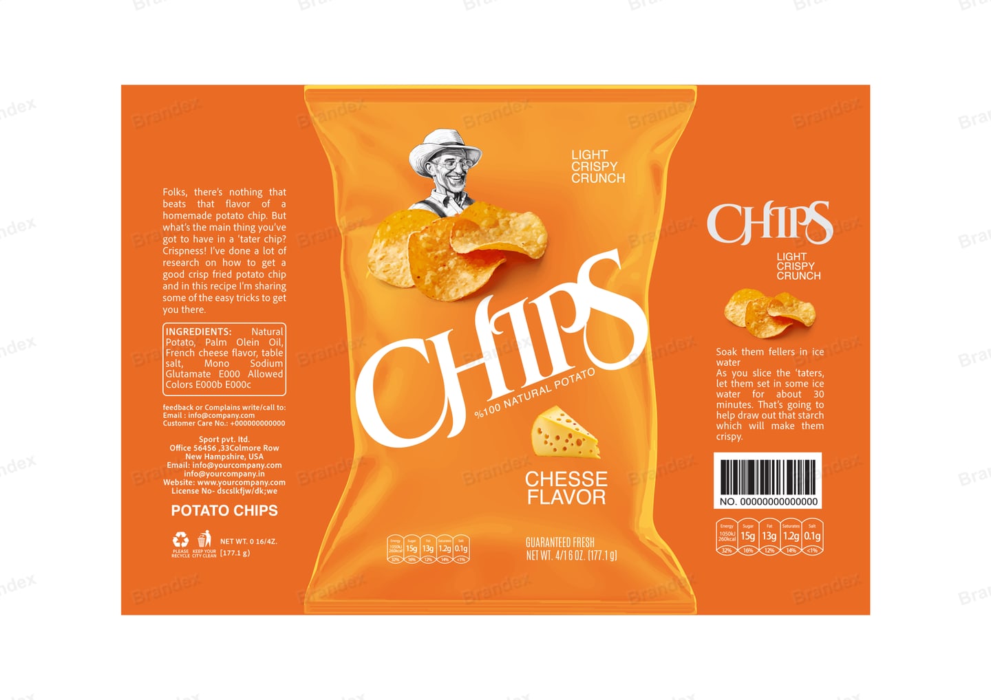 Brandex Cheese Flavored Wavy Potato Chips Packaging Mockup — Classic Chef Mascot