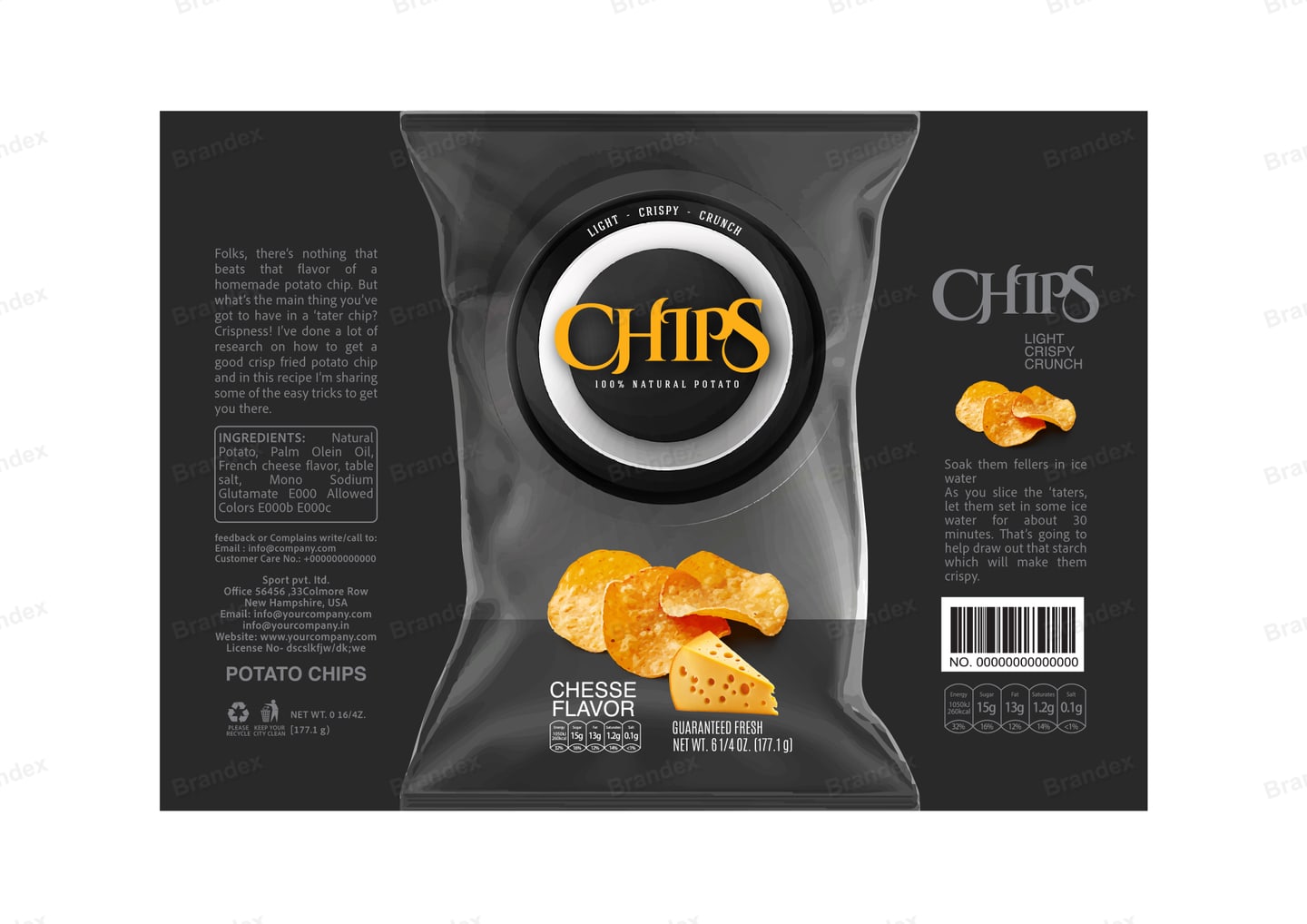 Brandex Cheese Flavored Wavy Potato Chips Packaging Mockup — Gourmet Dark Bowl