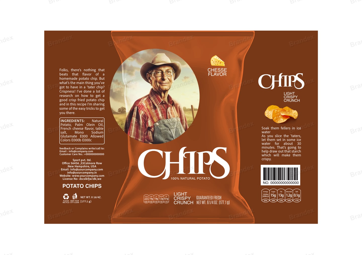 Brandex Cheese Flavored Wavy Potato Chips Packaging Mockup — Farmer Portrait Rustic