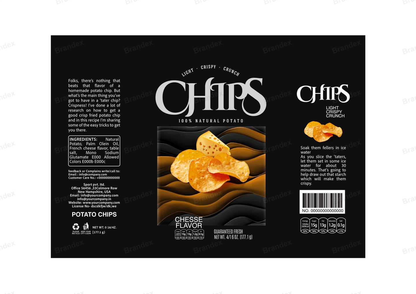 Brandex Cheese Flavored Wavy Potato Chips Packaging Mockup — Dark Premium Wave