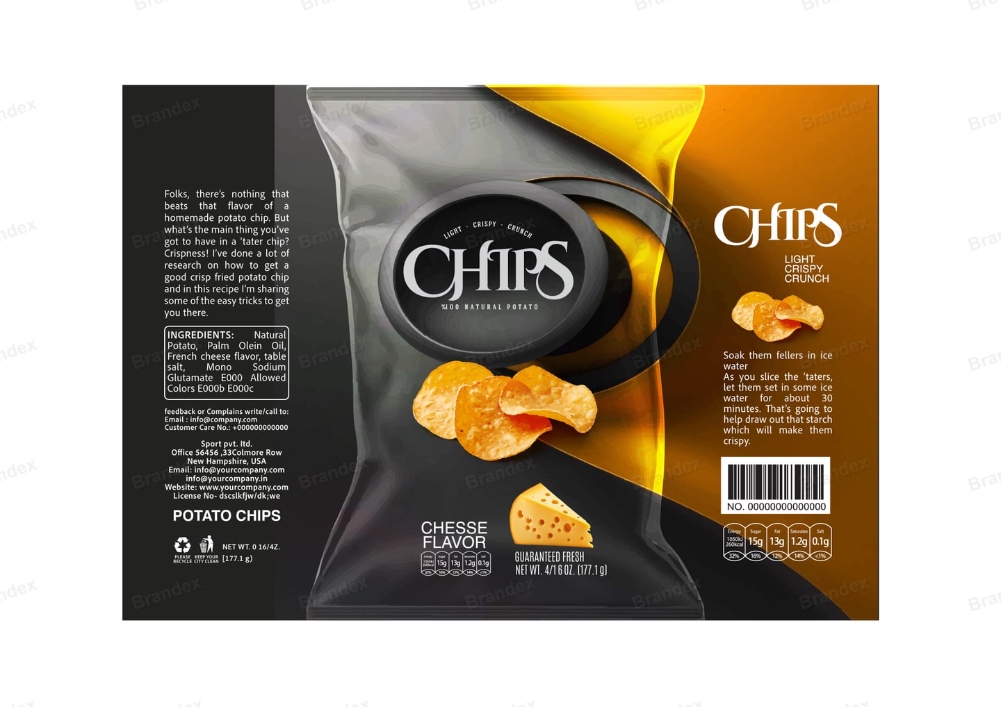 Brandex Cheese Flavored Wavy Potato Chips Packaging Mockup — Black Foil Glossy