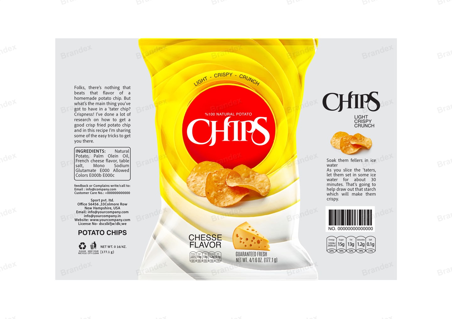 Brandex Cheese Flavored Wavy Potato Chips Packaging Mockup — Bold Circle Emblem