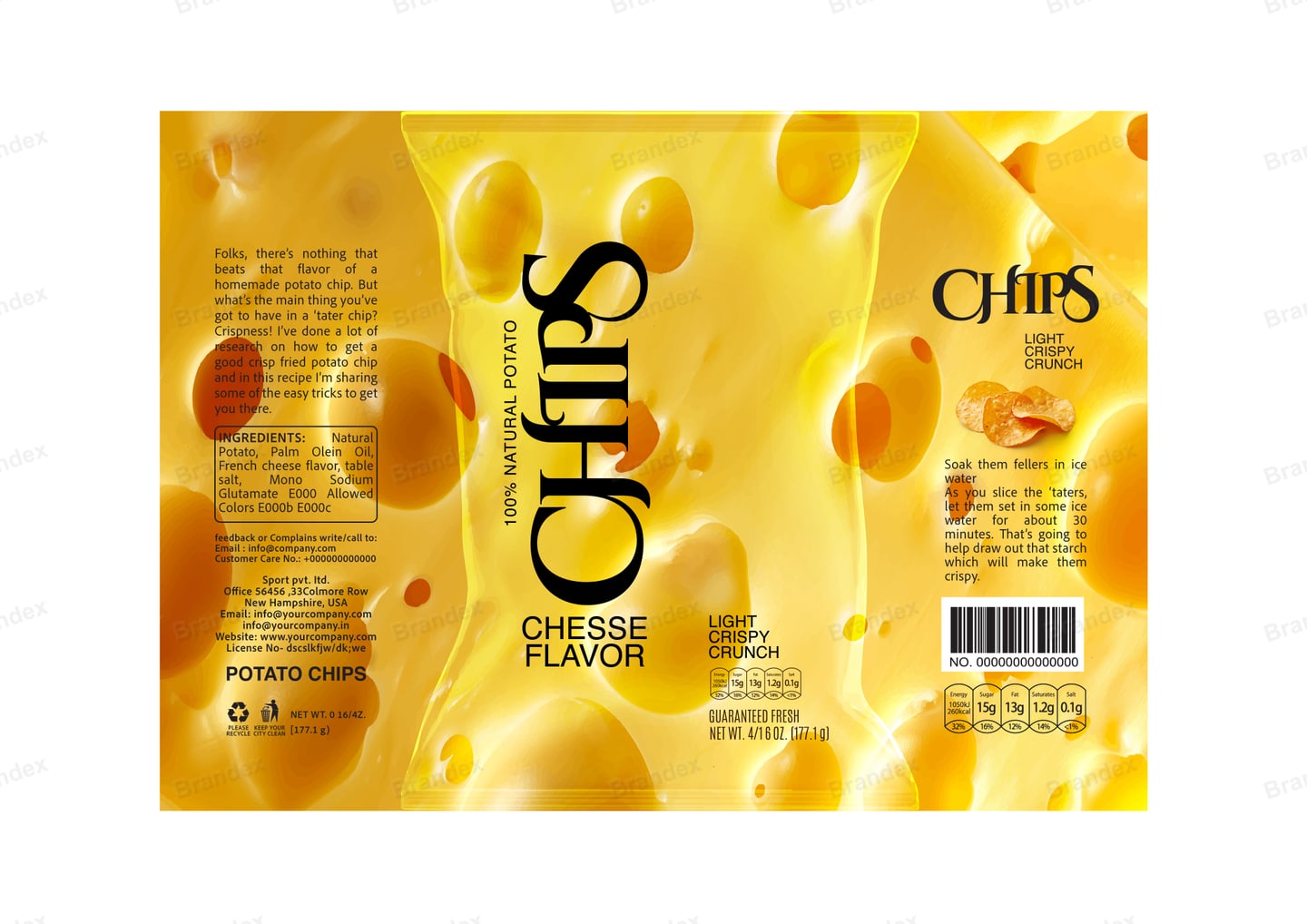 Brandex Cheese Flavored Wavy Potato Chips Packaging Mockup — Glossy Sauce Melt
