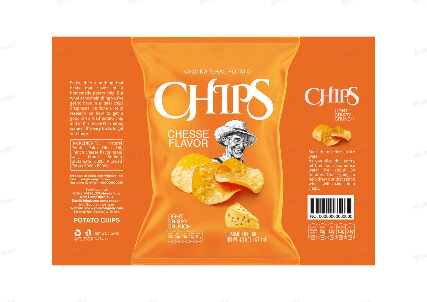 Brandex Cheese Flavored Wavy Potato Chips Packaging Mockup — Chef Mascot & Flavor Badge