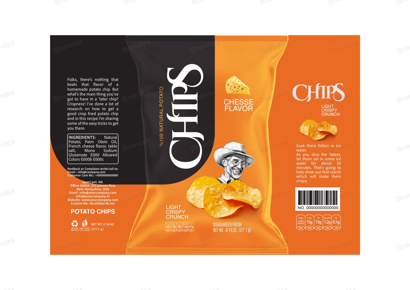 Brandex Cheese Flavored Wavy Potato Chips Packaging Mockup — Dark Side Panel Chef