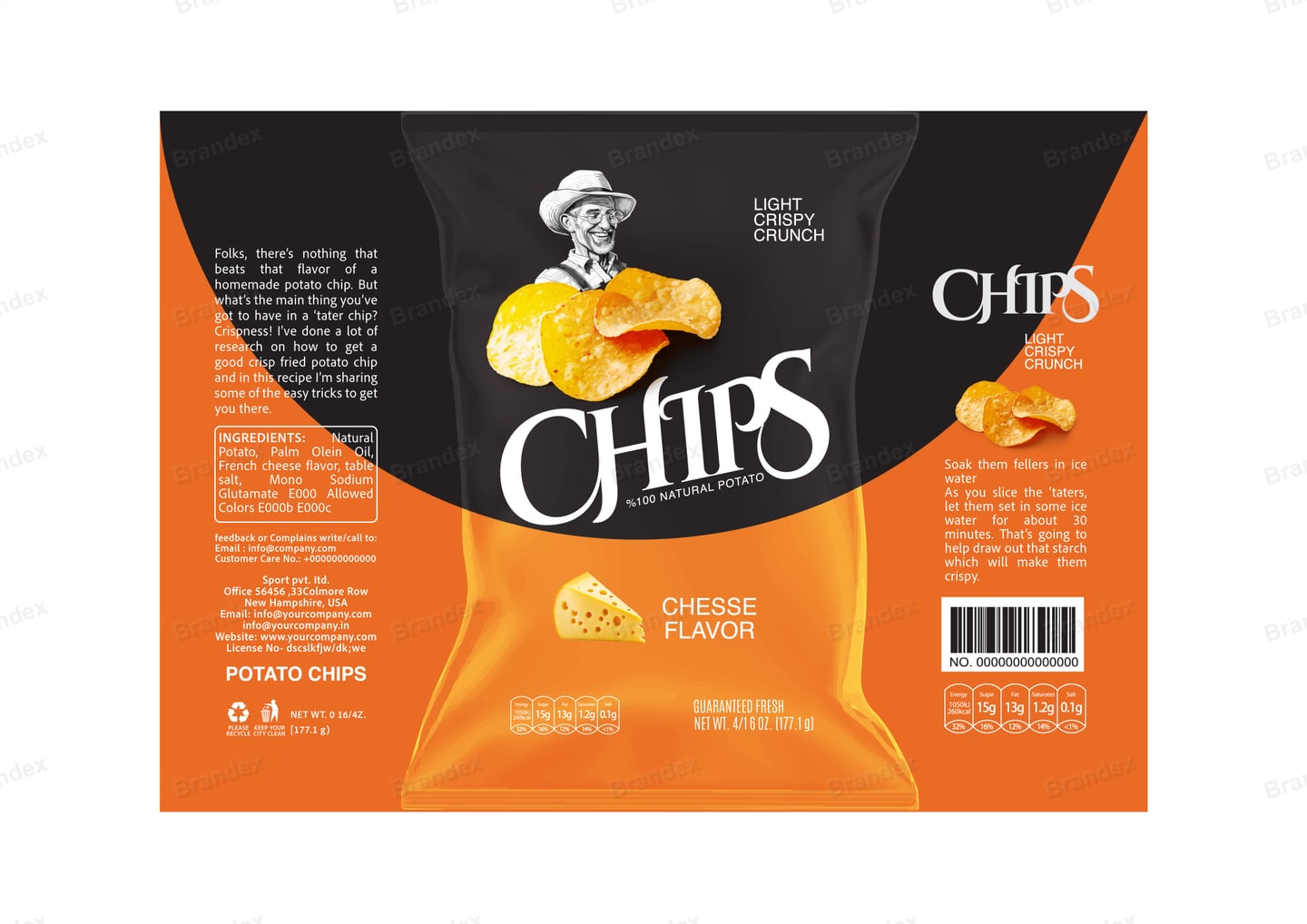 Brandex Cheese Flavored Wavy Potato Chips Packaging Mockup — Dark Curve Chef Holding Chips
