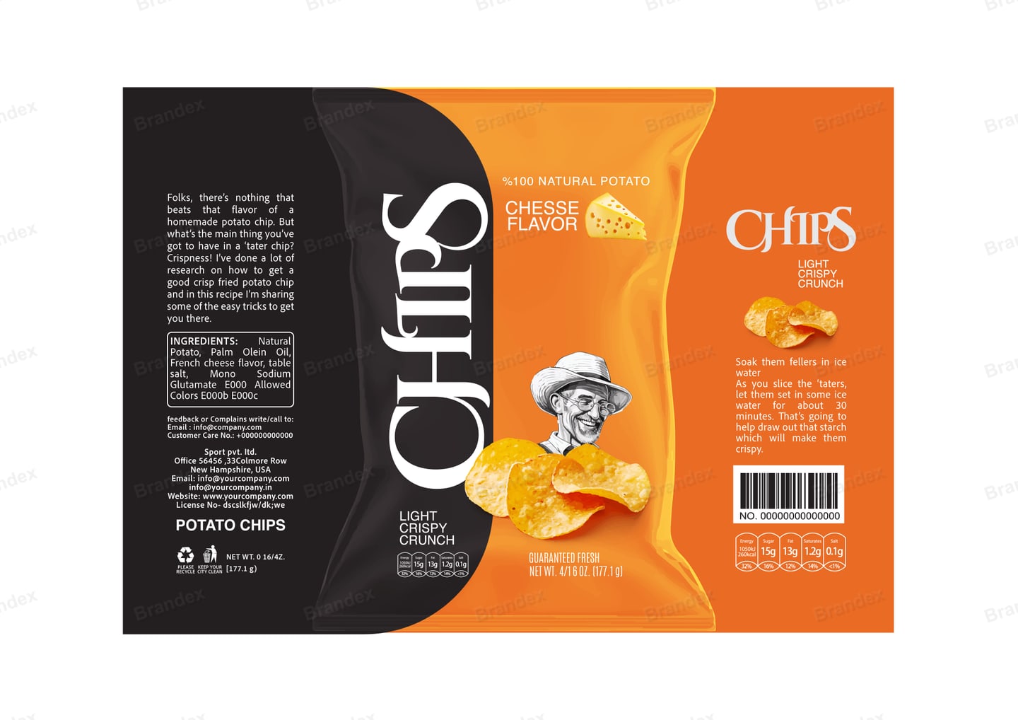 Brandex Cheese Flavored Wavy Potato Chips Packaging Mockup — Two-Tone Curve Chef