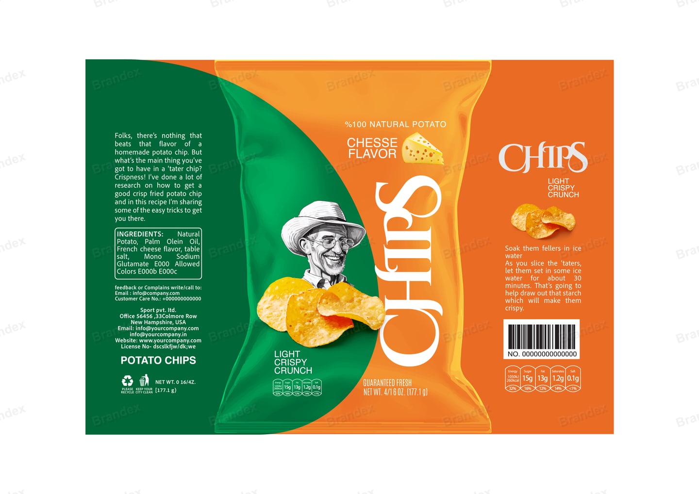 Brandex Cheese Flavored Wavy Potato Chips Packaging Mockup — Contrast Accent Chef