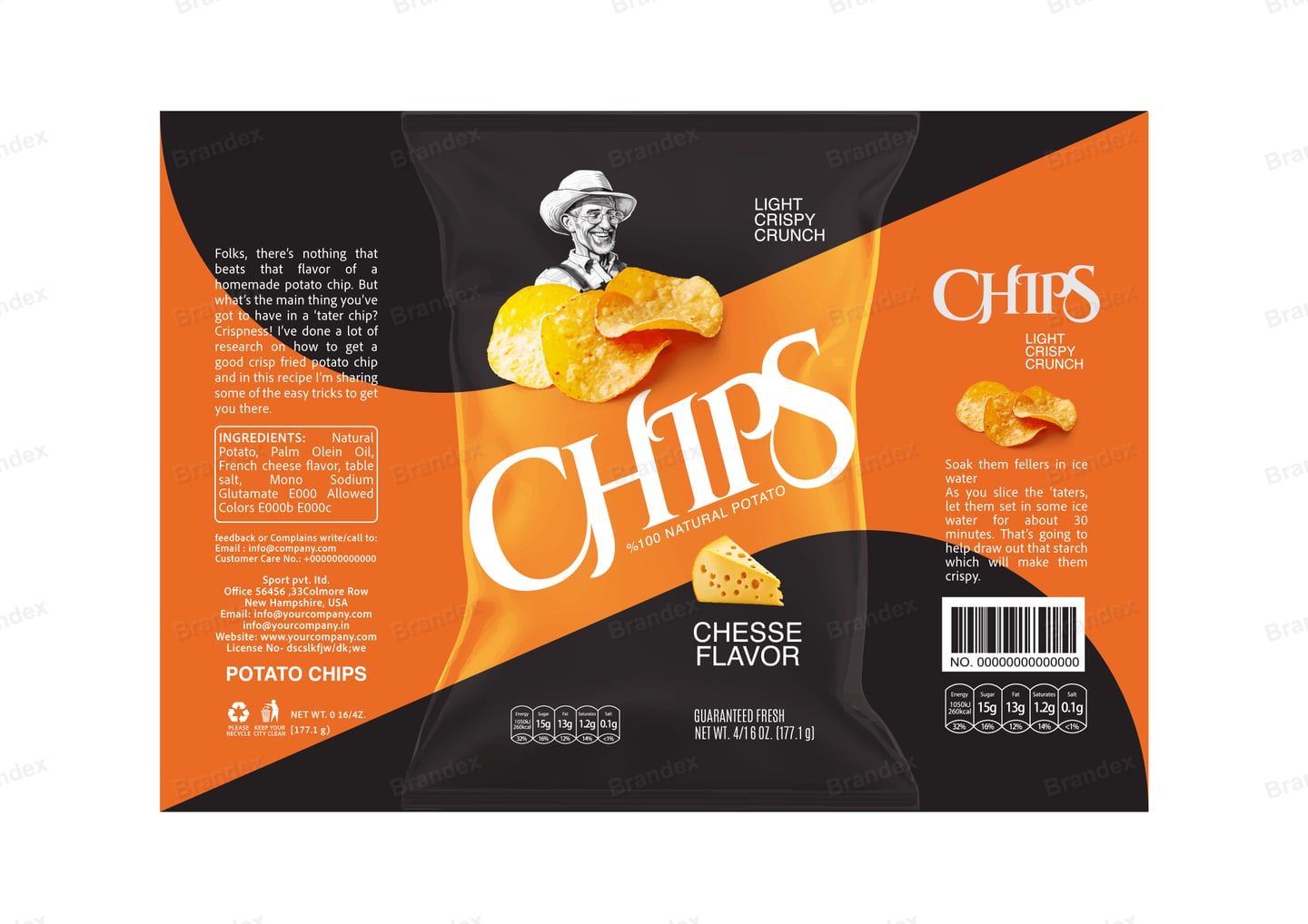 Brandex Cheese Flavored Wavy Potato Chips Packaging Mockup — Diagonal Swoosh Bold Logo