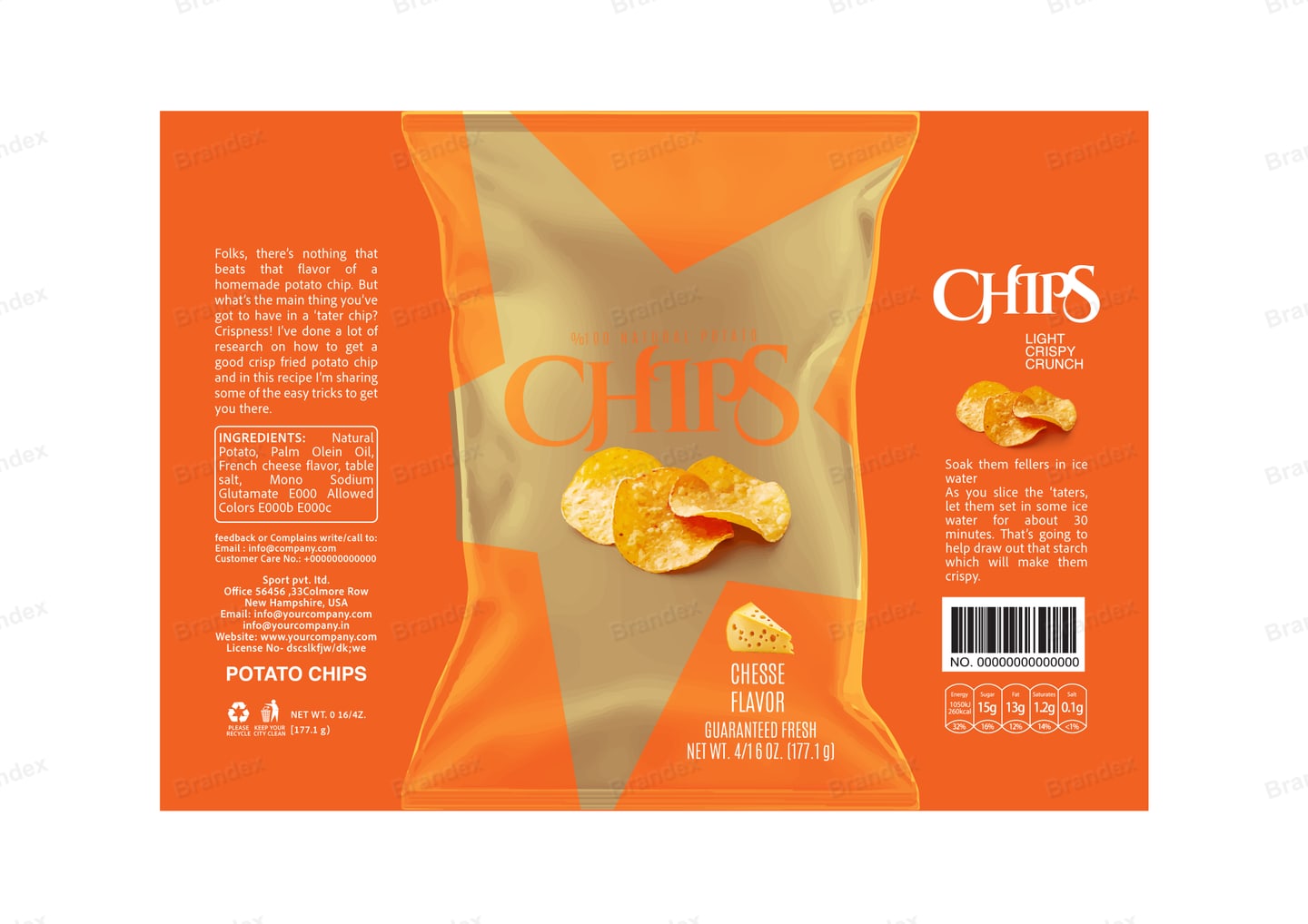 Brandex Cheese Flavored Wavy Potato Chips Packaging Mockup — Paper Chip Burst