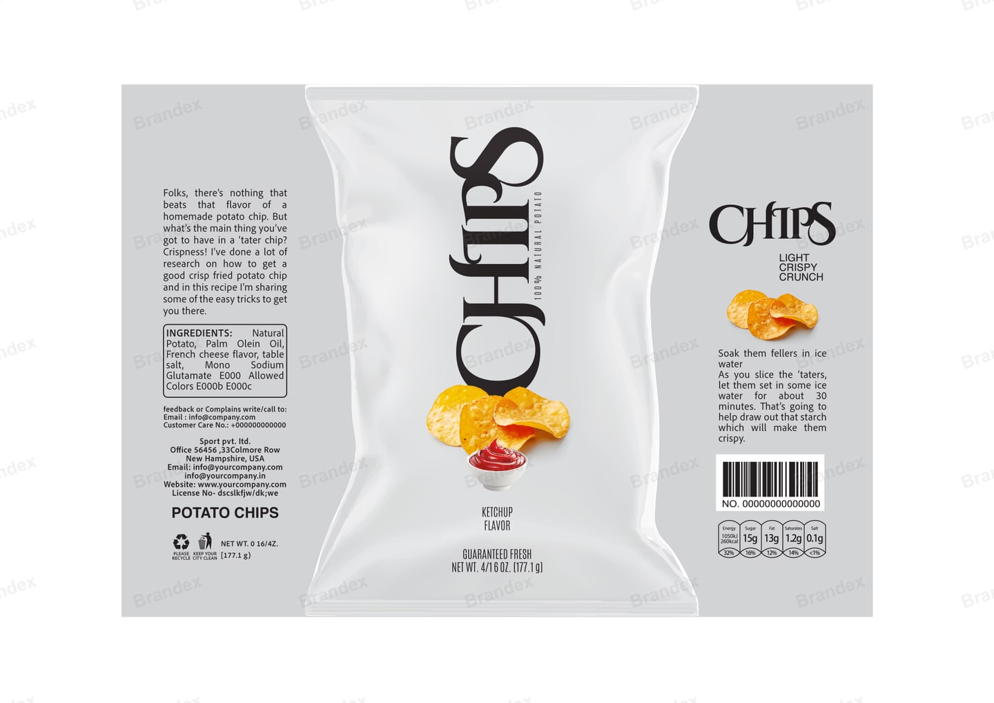 Brandex Ketchup Flavored Wavy Potato Chips Packaging Mockup — Soft Minimal Light
