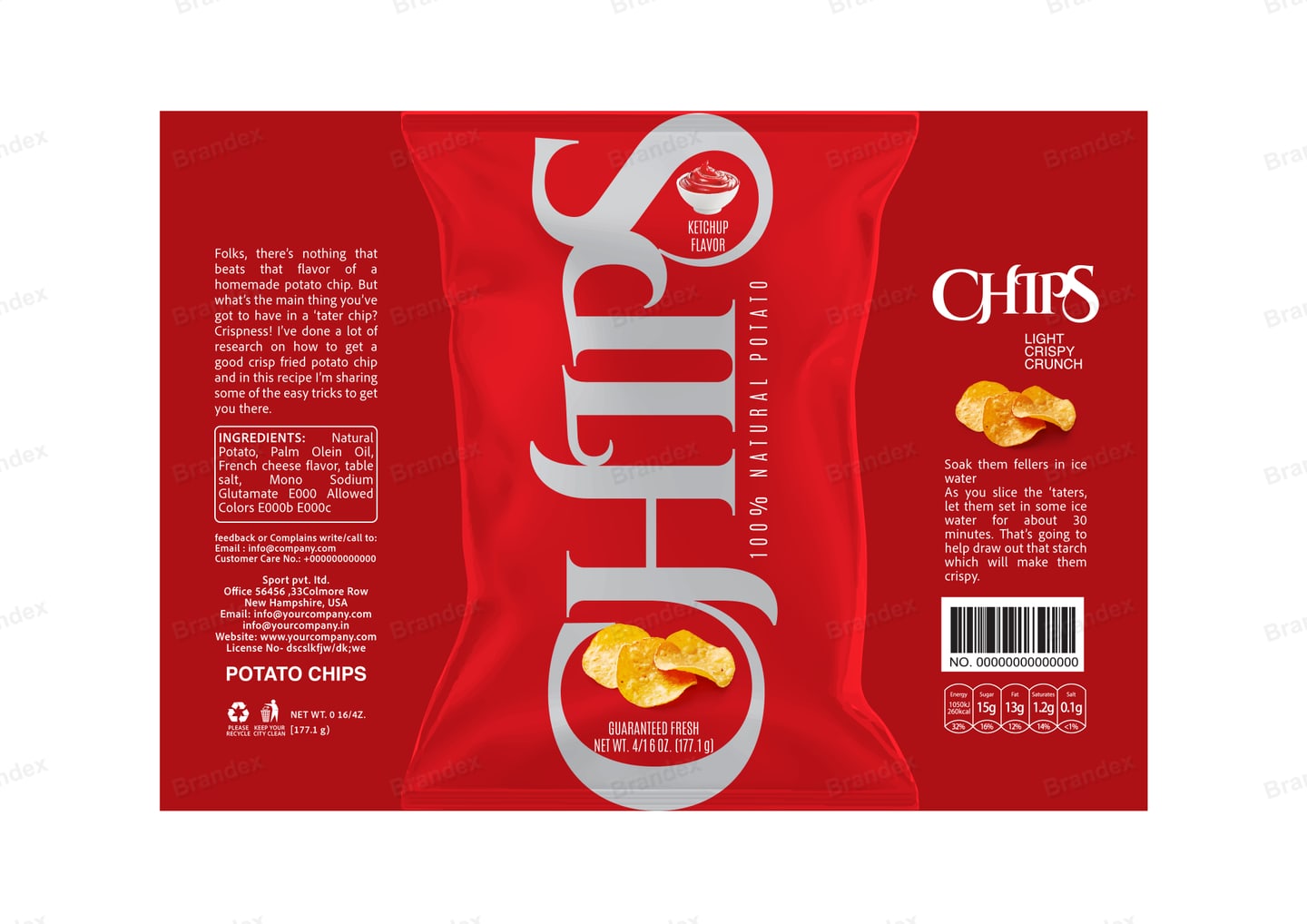 Brandex Ketchup Flavored Wavy Potato Chips Packaging Mockup — Dark Premium Serif