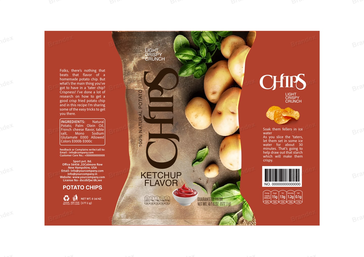 Brandex Ketchup Flavored Wavy Potato Chips Packaging Mockup — Rustic Potatoes & Herbs