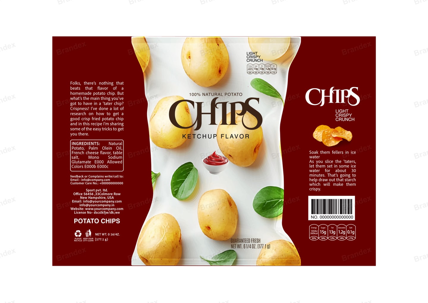 Brandex Ketchup Flavored Wavy Potato Chips Packaging Mockup — Fresh Potatoes & Basil