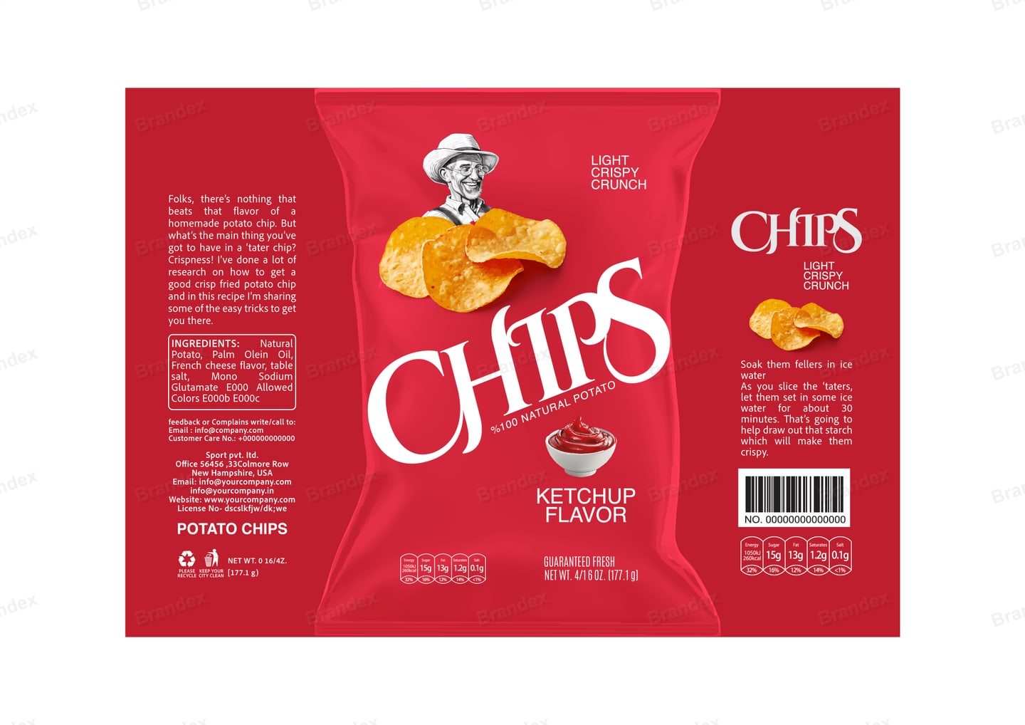 Brandex Ketchup Flavored Wavy Potato Chips Packaging Mockup — Classic Chef Mascot