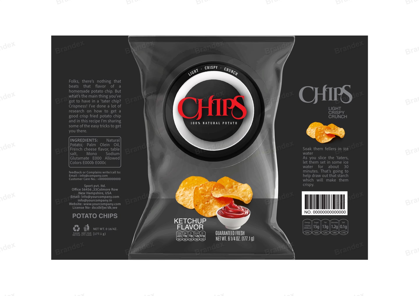 Brandex Ketchup Flavored Wavy Potato Chips Packaging Mockup — Gourmet Dark Bowl