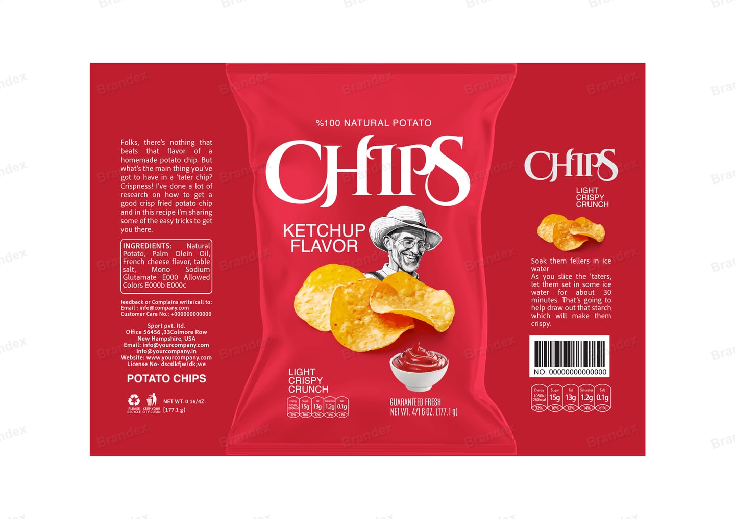 Brandex Ketchup Flavored Wavy Potato Chips Packaging Mockup — Chef Mascot & Flavor Badge