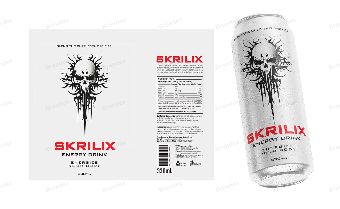 Skrilix Energy Drink 330ml Can Packaging - White Minimalist Skull Line Art Mockup