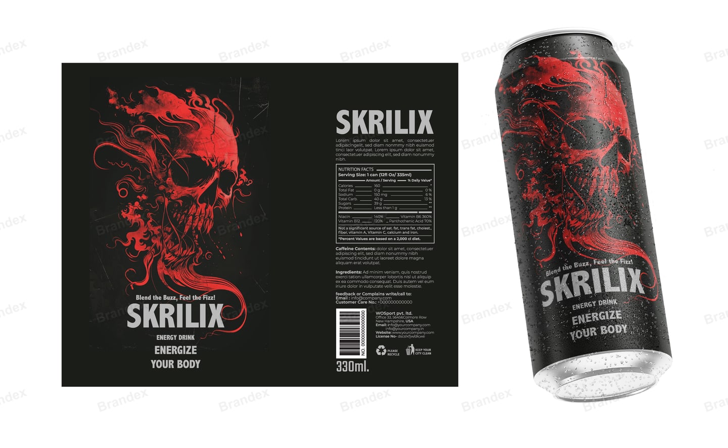 Skrilix Energy Drink 330ml Can Packaging - Black & Red Demon Skull Mockup