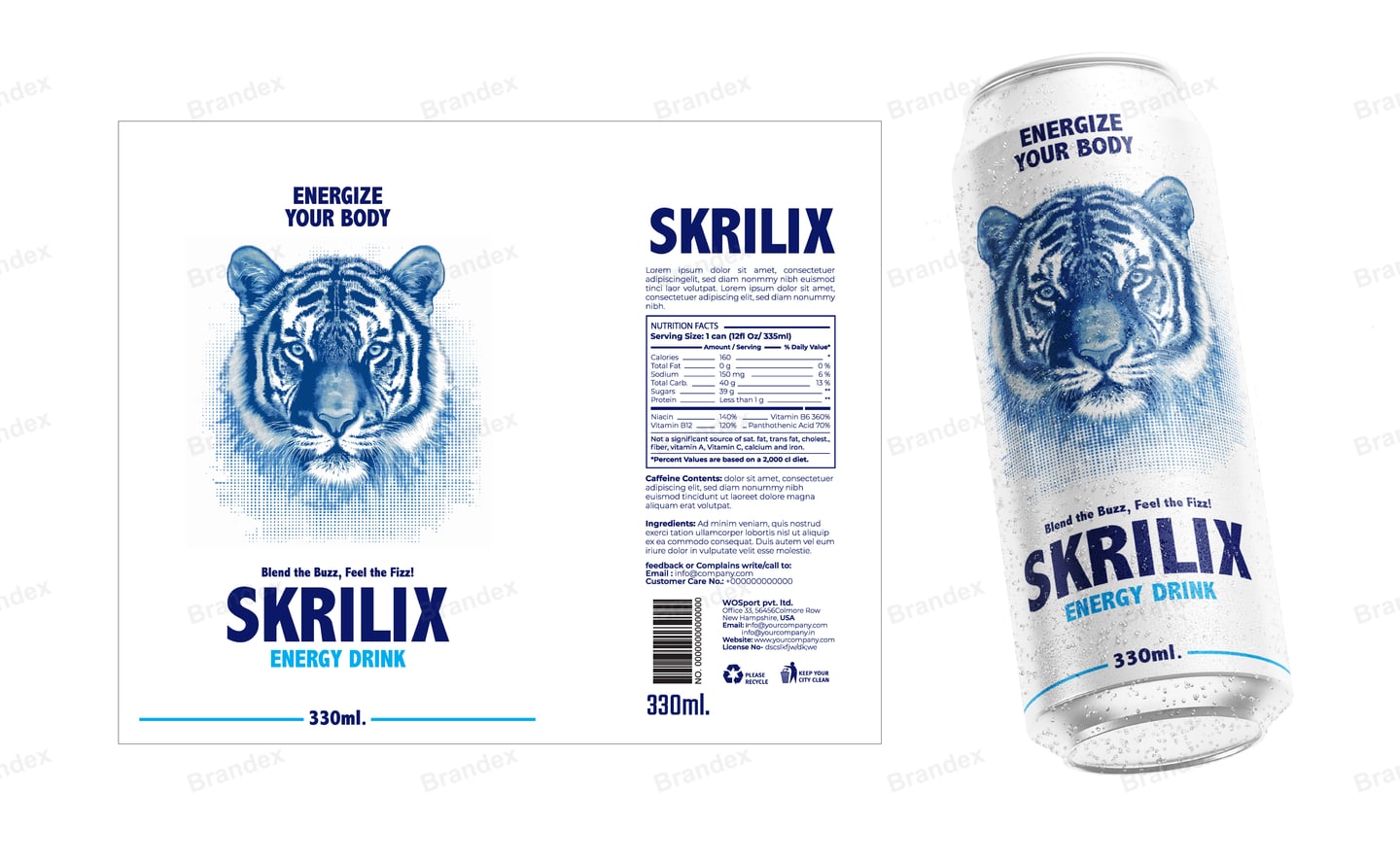 Skrilix Energy Drink 330ml Can Packaging - White & Blue Tiger Mockup