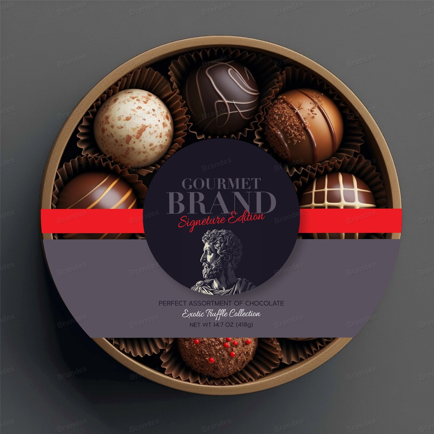 Brandex Gourmet Chocolate Truffle Round Gift Box Mockup — Navy & Red Band